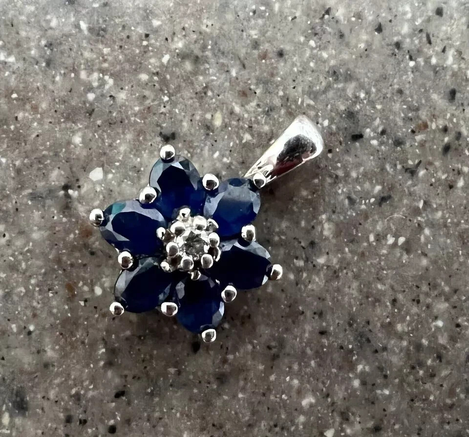 14K White Gold Plated Blue Sapphire Lab Created Diamond Flower Pendant Necklace