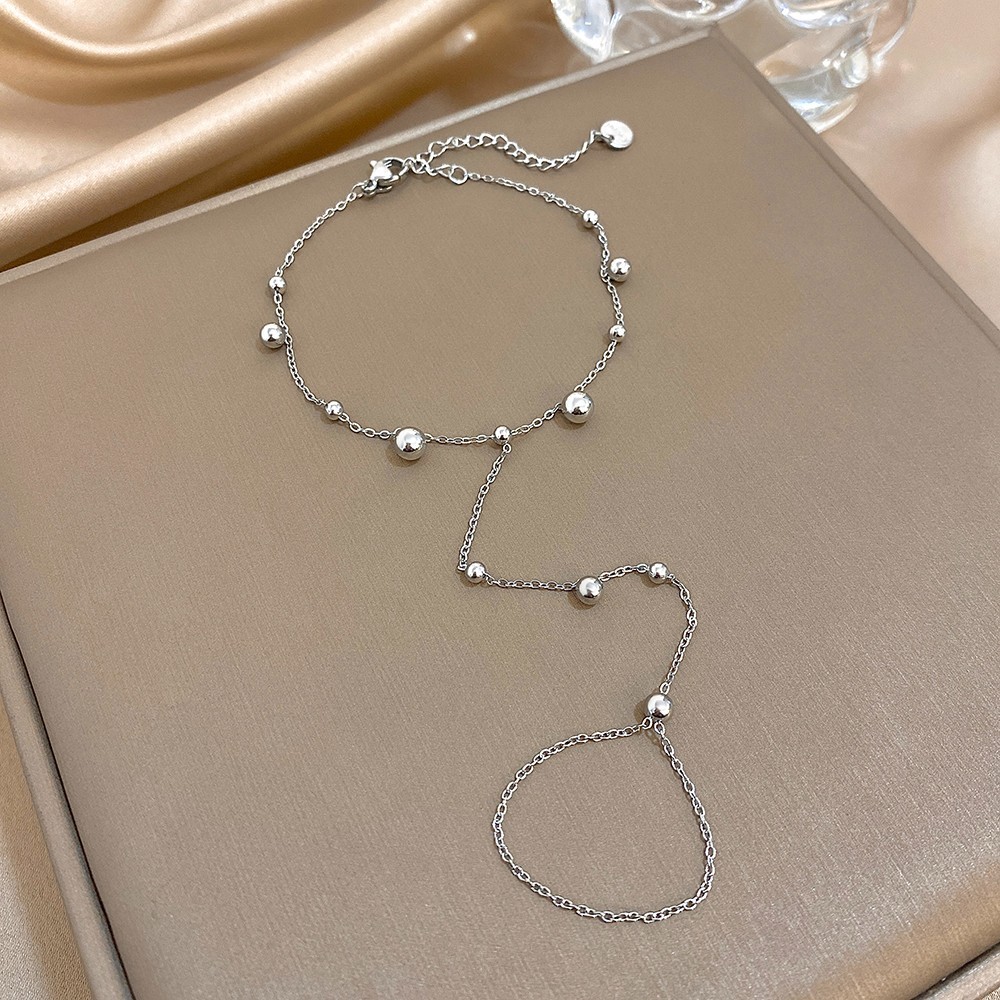 Women’s Stainless Steel Hand Chain Bracelet Finger Ring Ball Bead Link Chain Jew