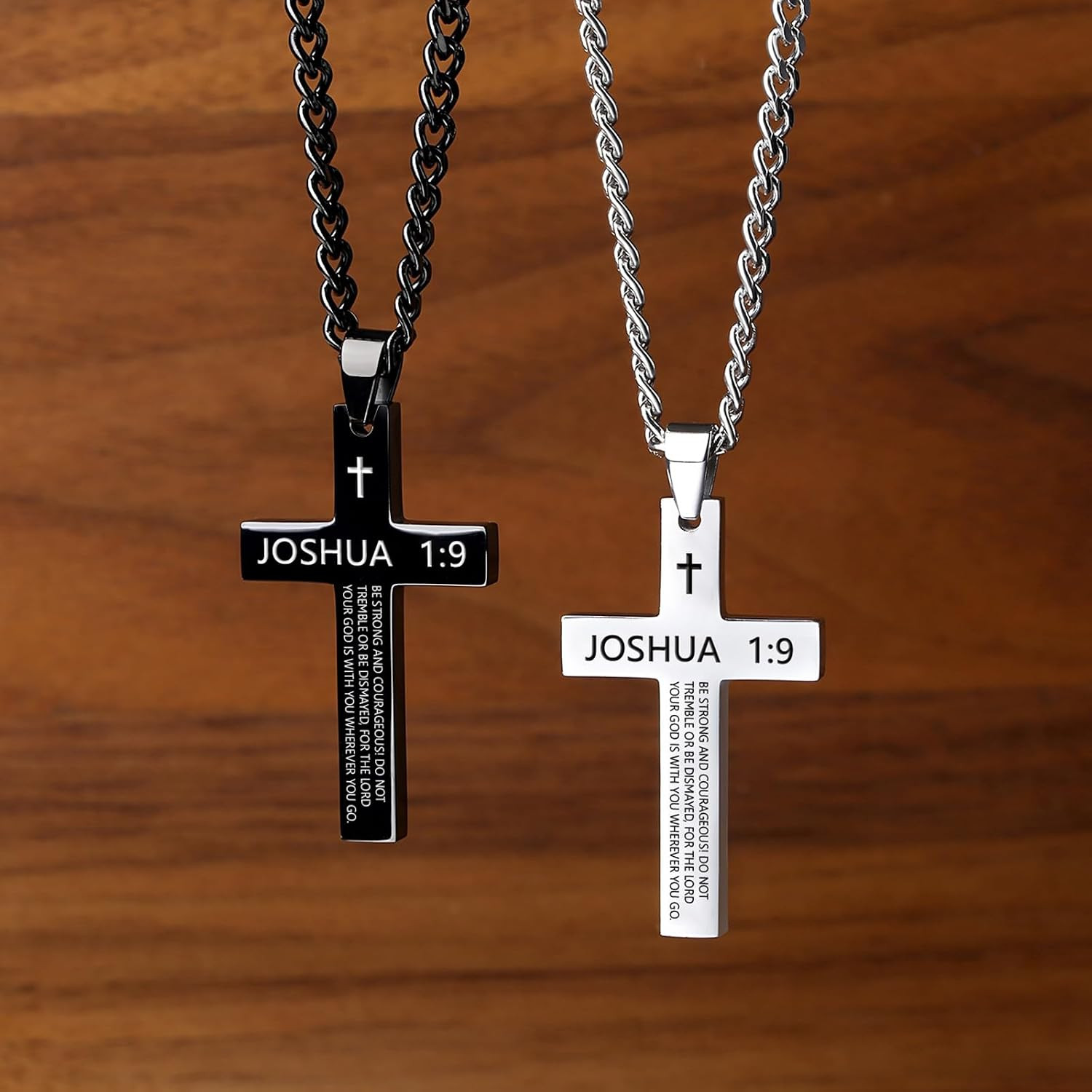 Inspirational Bible Verse Cross Necklace for Men Boys, Stainless Steel Plain Bla
