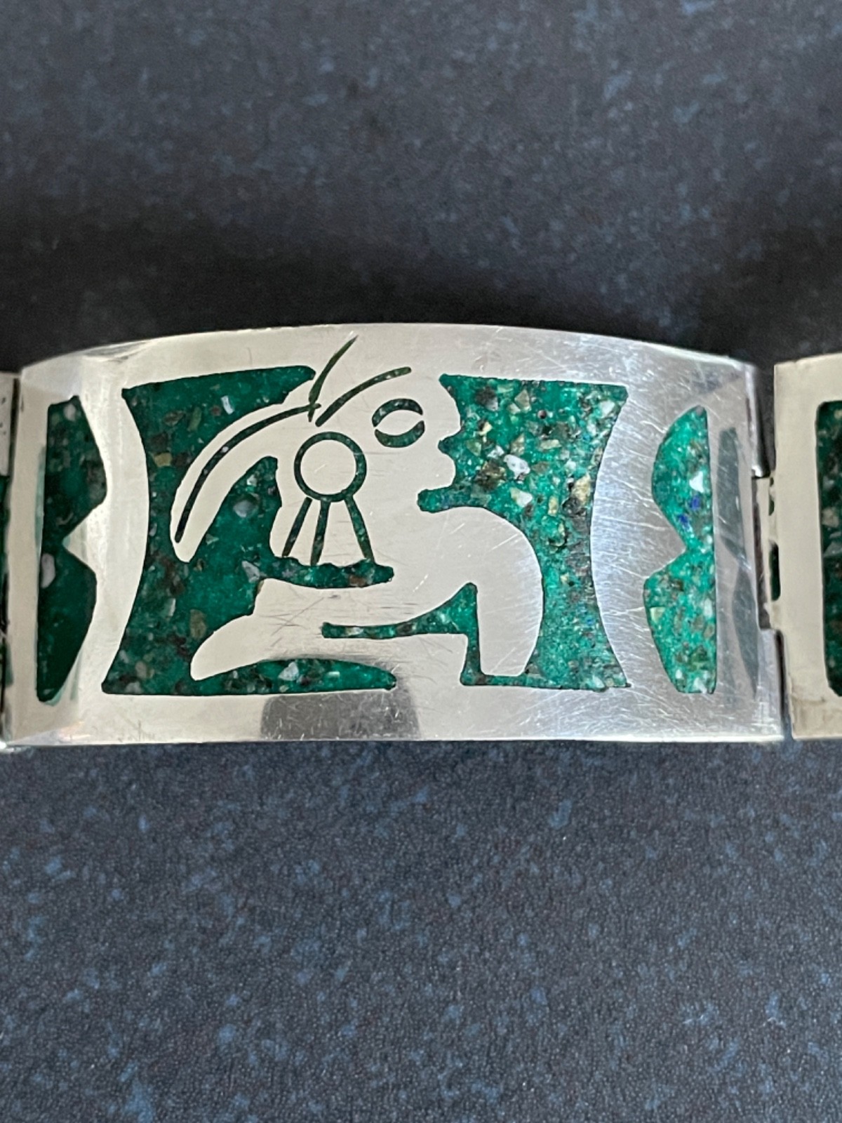 Solid 925 Silver Bracelet from Taxco Mexico Handmade with Green Stone Inlay