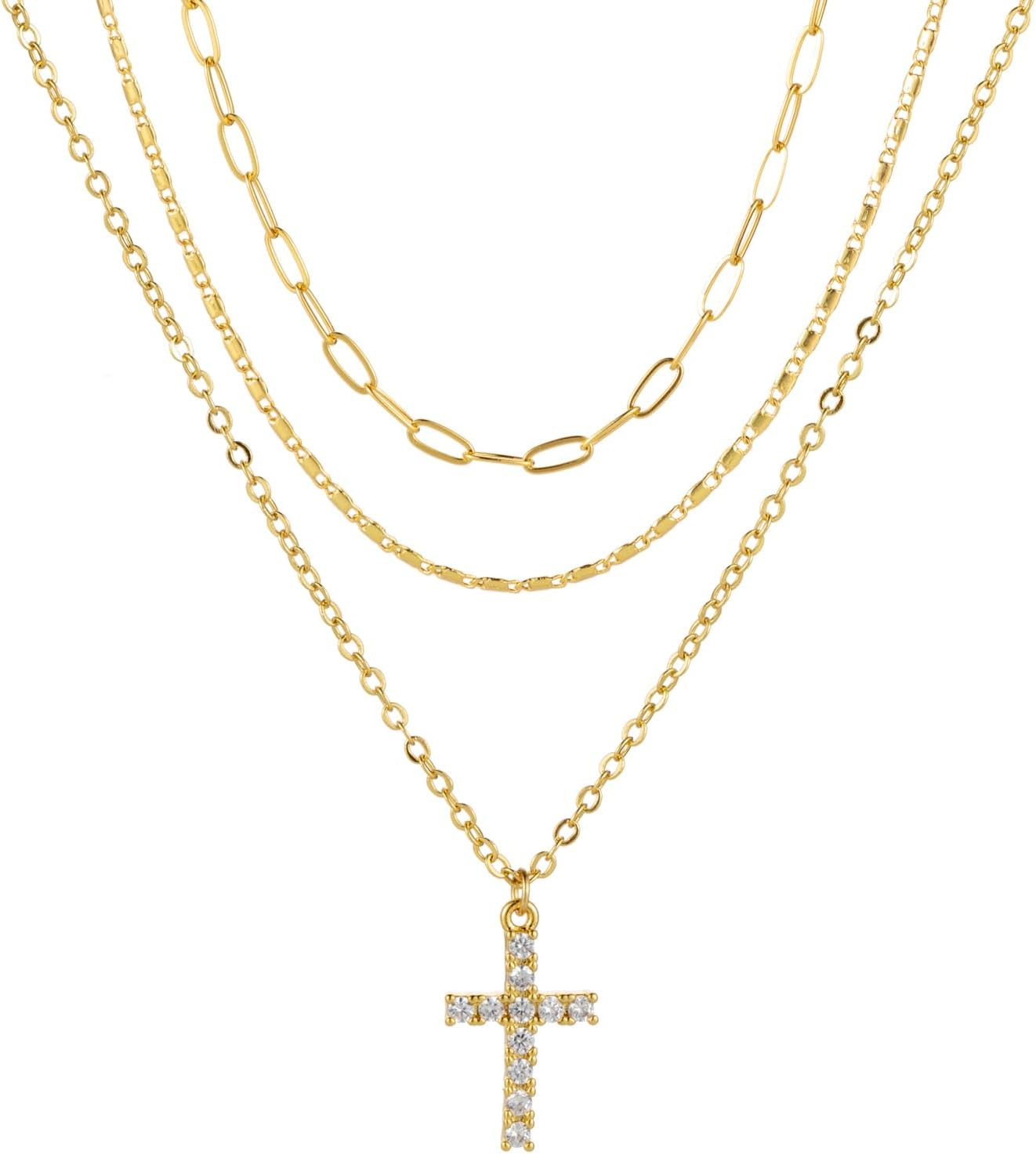 Layered Gold Necklaces for Women，Stackable Dainty 14K Gold Plated Trendy Crucifi