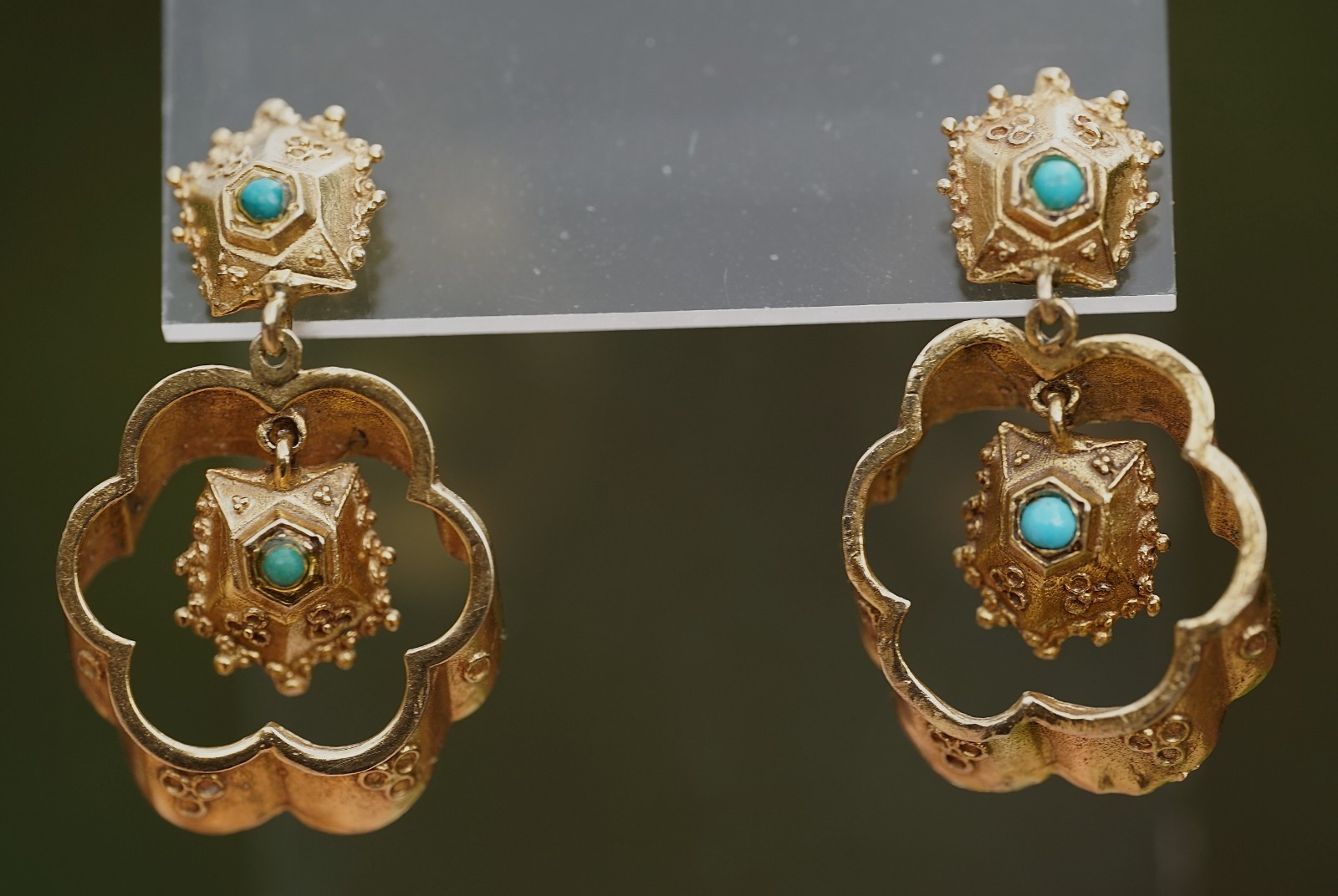 Victorian Antique 14k Solid Gold Etruscan Revival Turquoise Dangle Earrings 8.4g