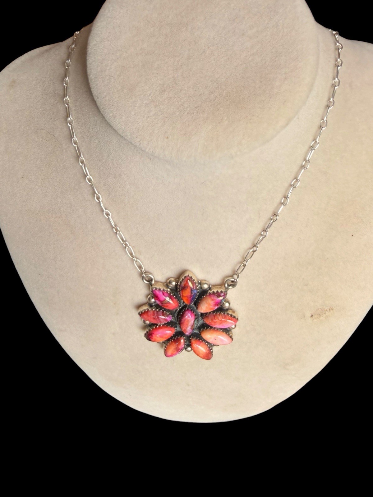 BEAUTIFUL SOUTHWEST STERLING SILVER DAHLIA ROSE TURQUOISE STONE FLOWER NECKLACE