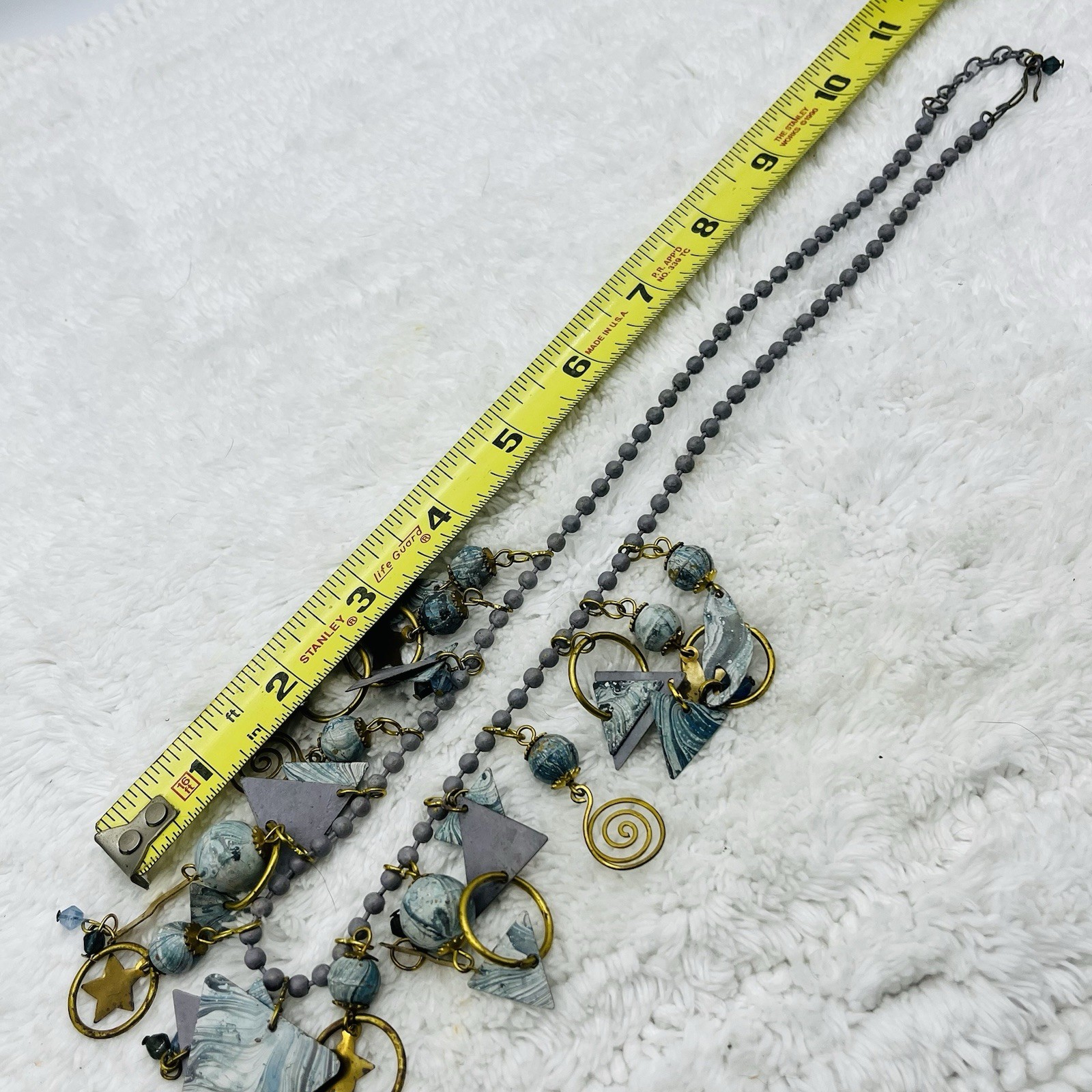 Charm Necklace Boho Artisan Mixed Media Brass Polymer Clay Beads 24″