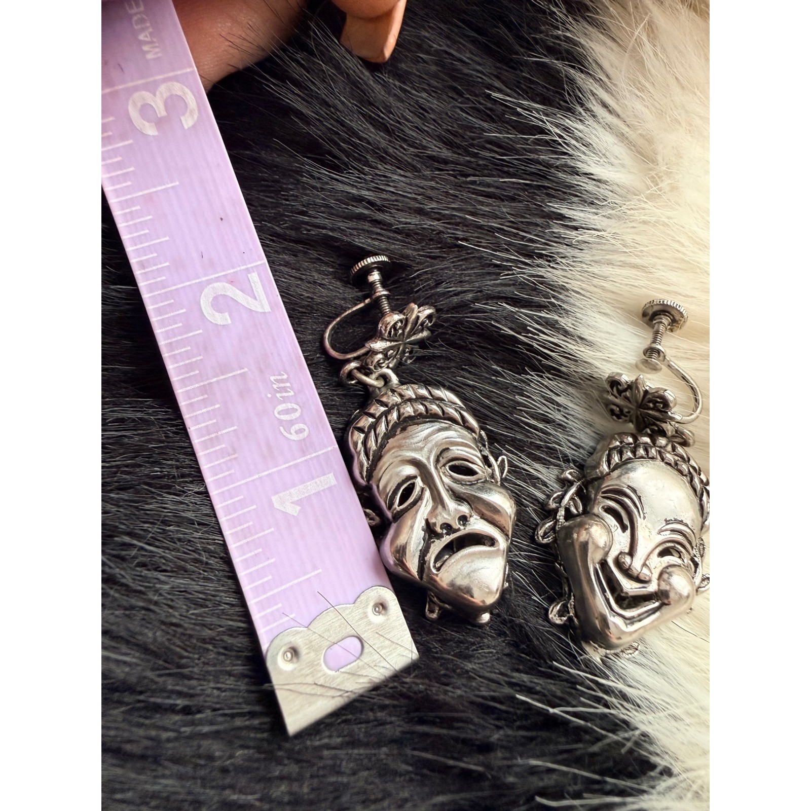 Silver Drama Comedy Masks Dangle Earrings Screw Back Vintage Collectible