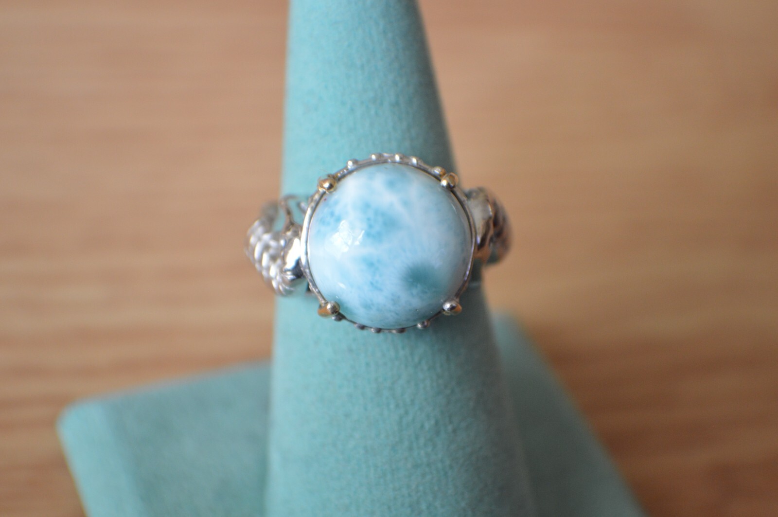 12.30ct Sky Blue Larimar / Sapphire Seahorse Ring Platinum over Fine Silver Sz 9