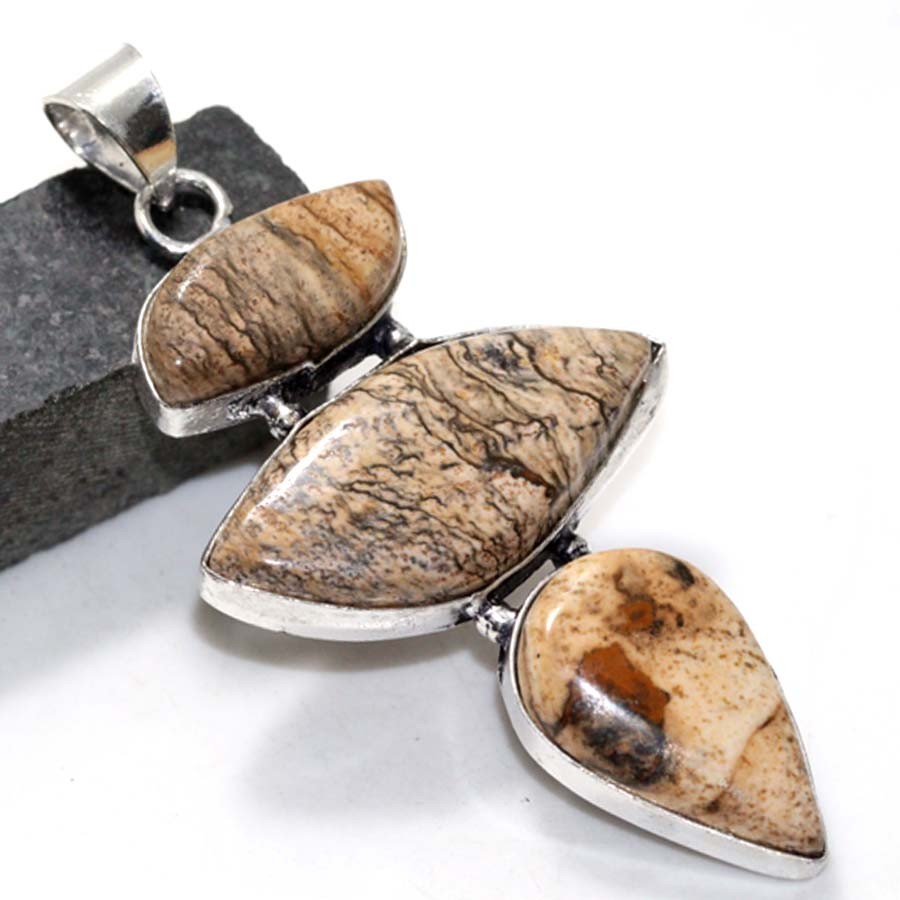 925 Silver Plated Picture Jasper Jewellery Pendant Handmade Size 2.6″ JW