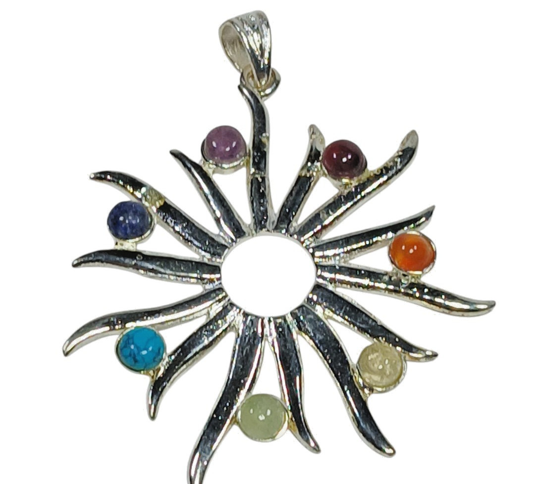 Pendant Multi Color Starburst Chakra Silver tone Turquoise Lapis and More