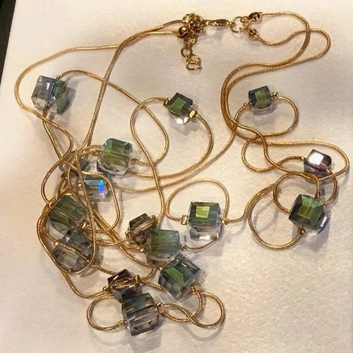 14k Gold Plated Long Sweater Necklace Made Simulated Diamond Aurora Borealis