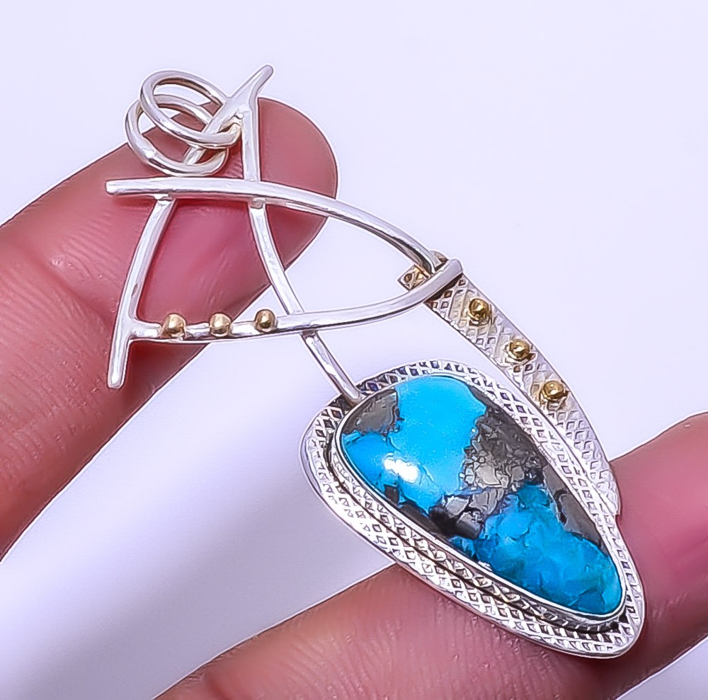 Turquoise With Pyrite – Kingman Mines 925 Silver Two Tone Pendant 2.34″ A330