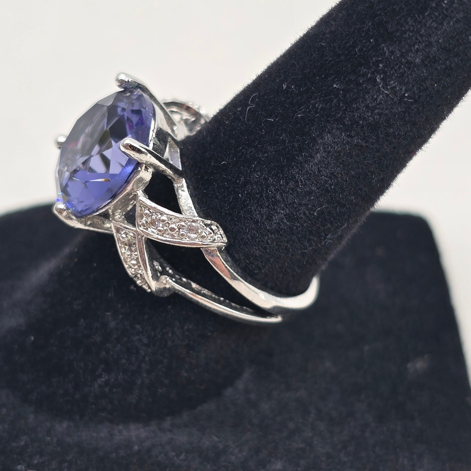 .925 Sterling Silver Pave Rhinestone and Blue Stone Cocktail Ring Size 6 Elegant