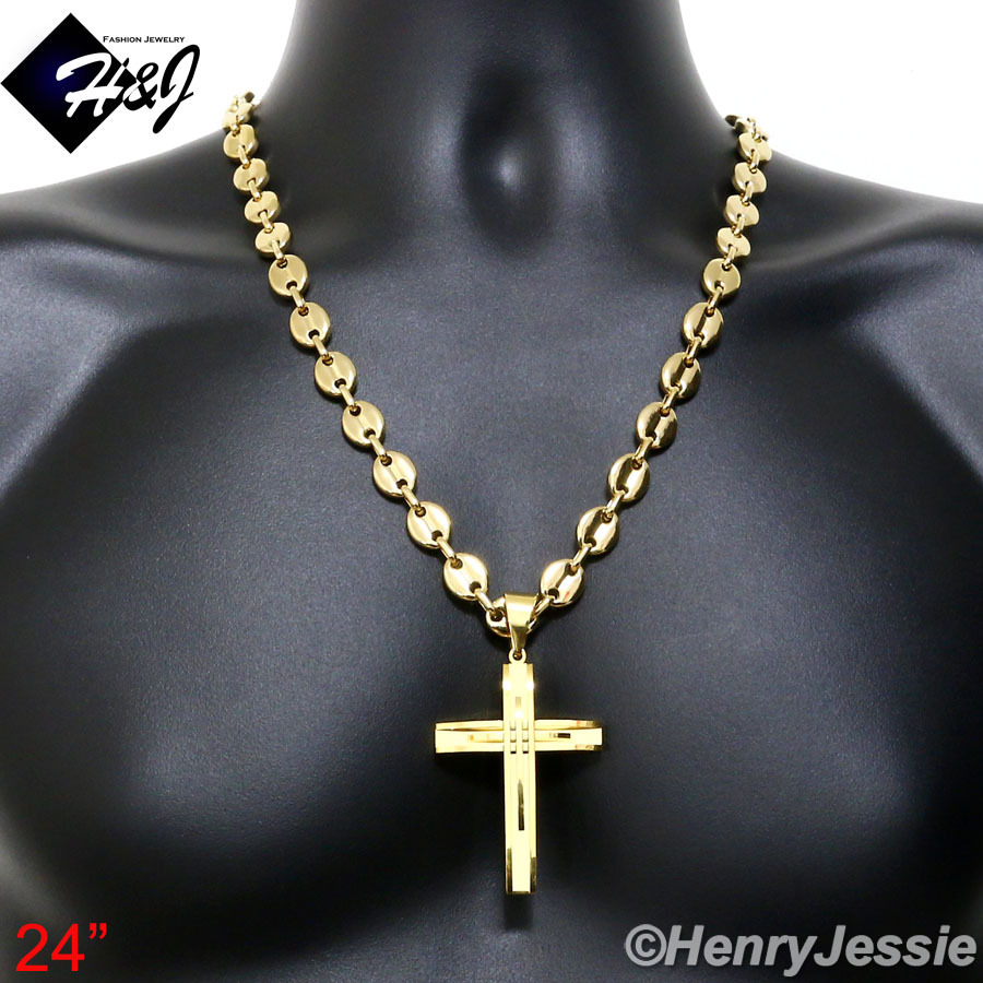 18″-40″MEN Stainless Steel 10mm Gold Plated Puffed Mariner Chain Cross Pendant*A