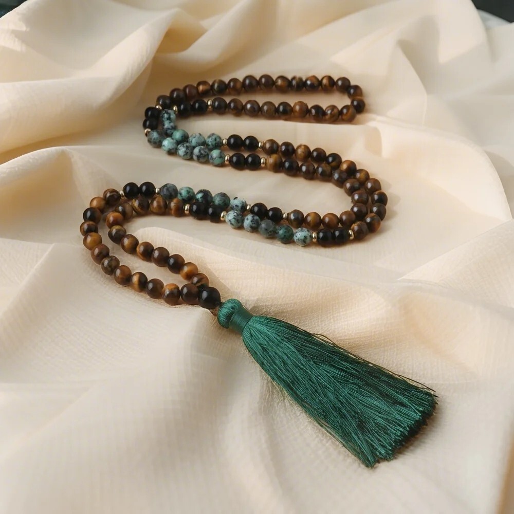 108 Mala Bead Tiger’s Eye Stone & Turquoise Prayer Tassel Healing Necklace Gift