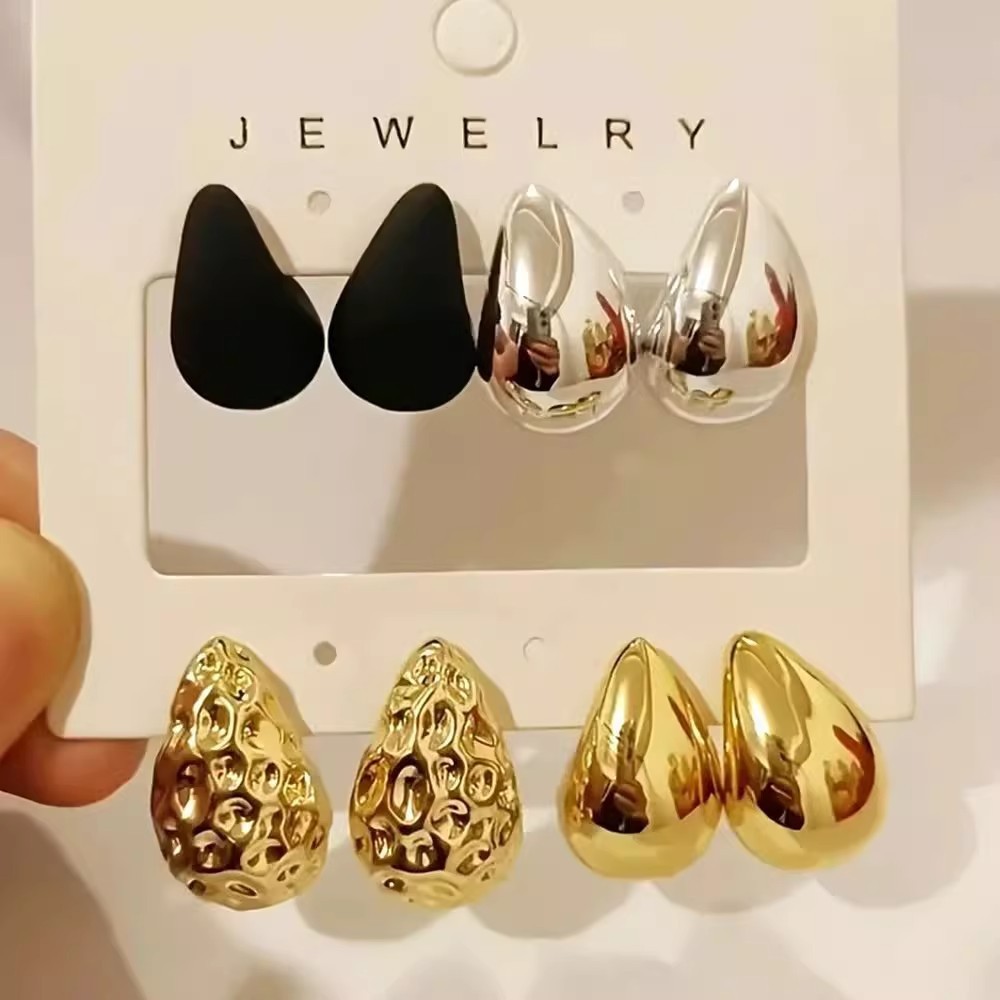4Pairs Women’s TearDrop Hammer Pattern Ear Studs Set Fashion Geometric Earrings