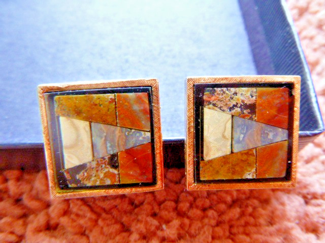 Vintage MCM Modern Hard Stone Inlay Pietra Dura Gilt Sterling Cufflinks Signed