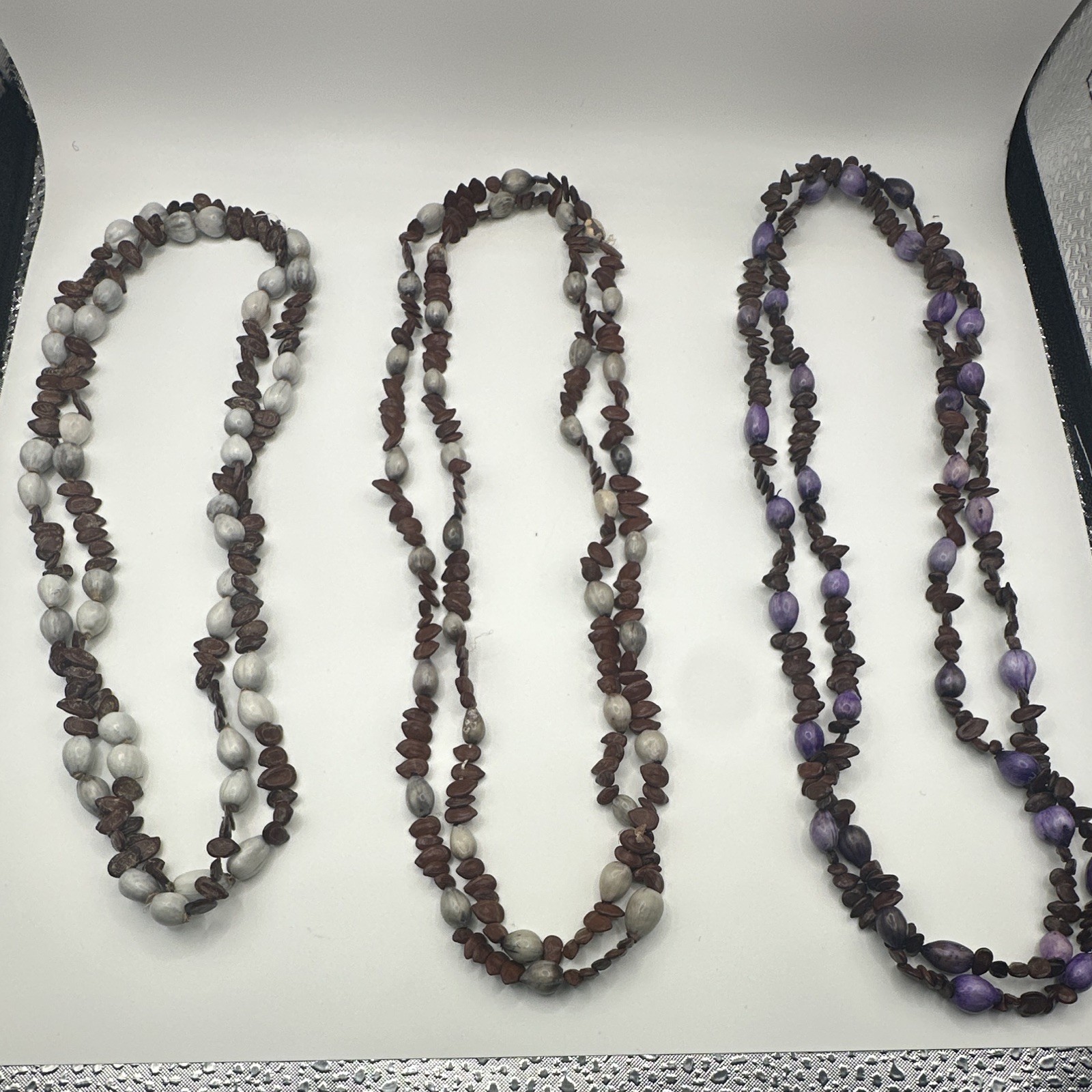 Lot of 3 Wood Beaded Strand Necklaces Purple Brown Gray Ball/Bead Chain