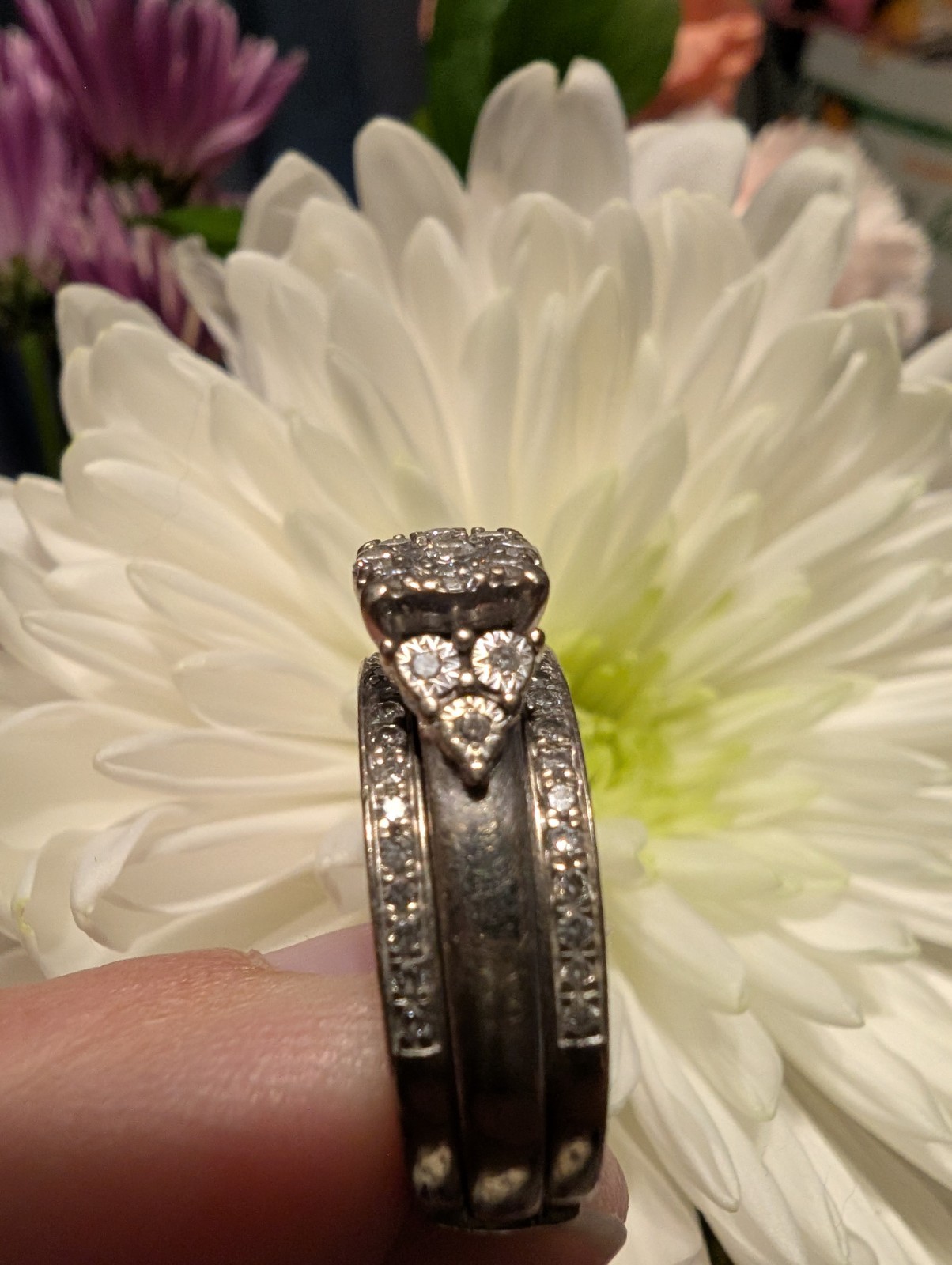 White Gold Diamond Cluster Engagement Wedding Ring Set, Round, Size 6