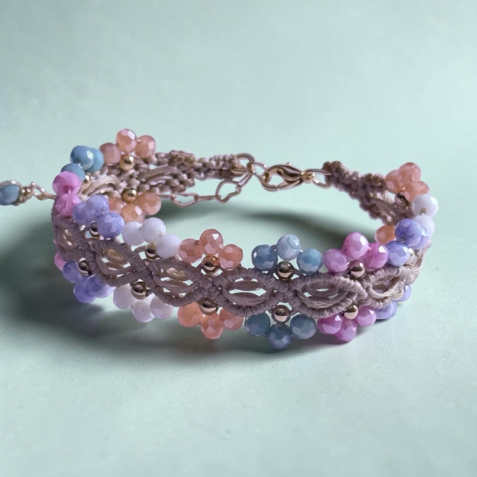 Handcrafted Macrame Bracelet Cream Crystal Flowers Gold Filled Adjustable 16-22