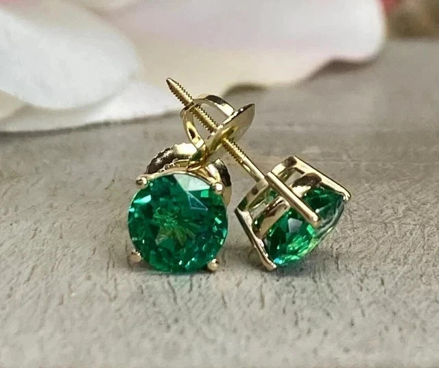 Natural Emerald 2.00Ct Round Cut Women’s Stud Earrings 14KYellow Gold Plated
