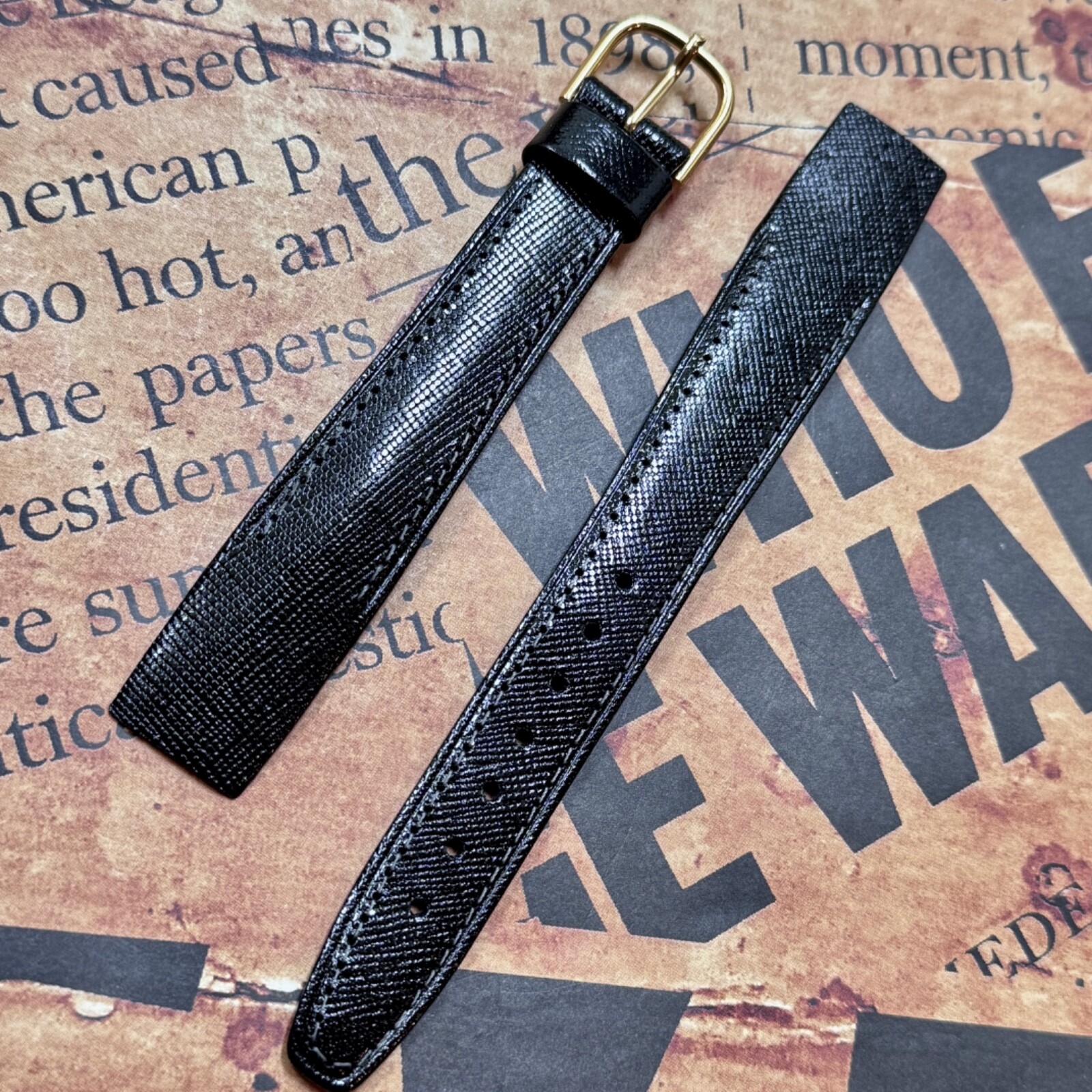 Black textured stitched leather 17mm open-ended vintage watch band rare size NOS