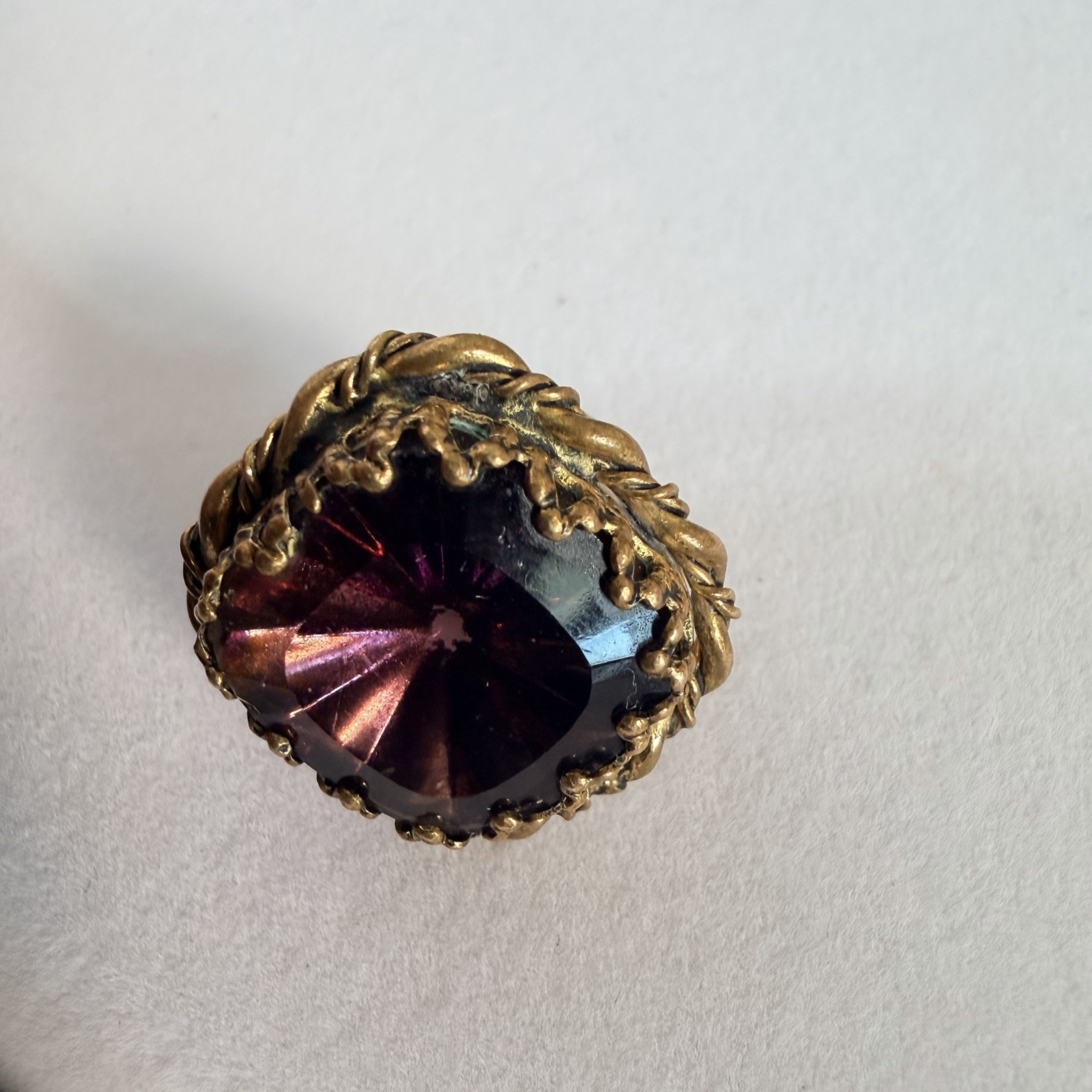 VTG West Germany Purple Porphyry Slag Glass Twisted Brass Shank Adjustable Ring