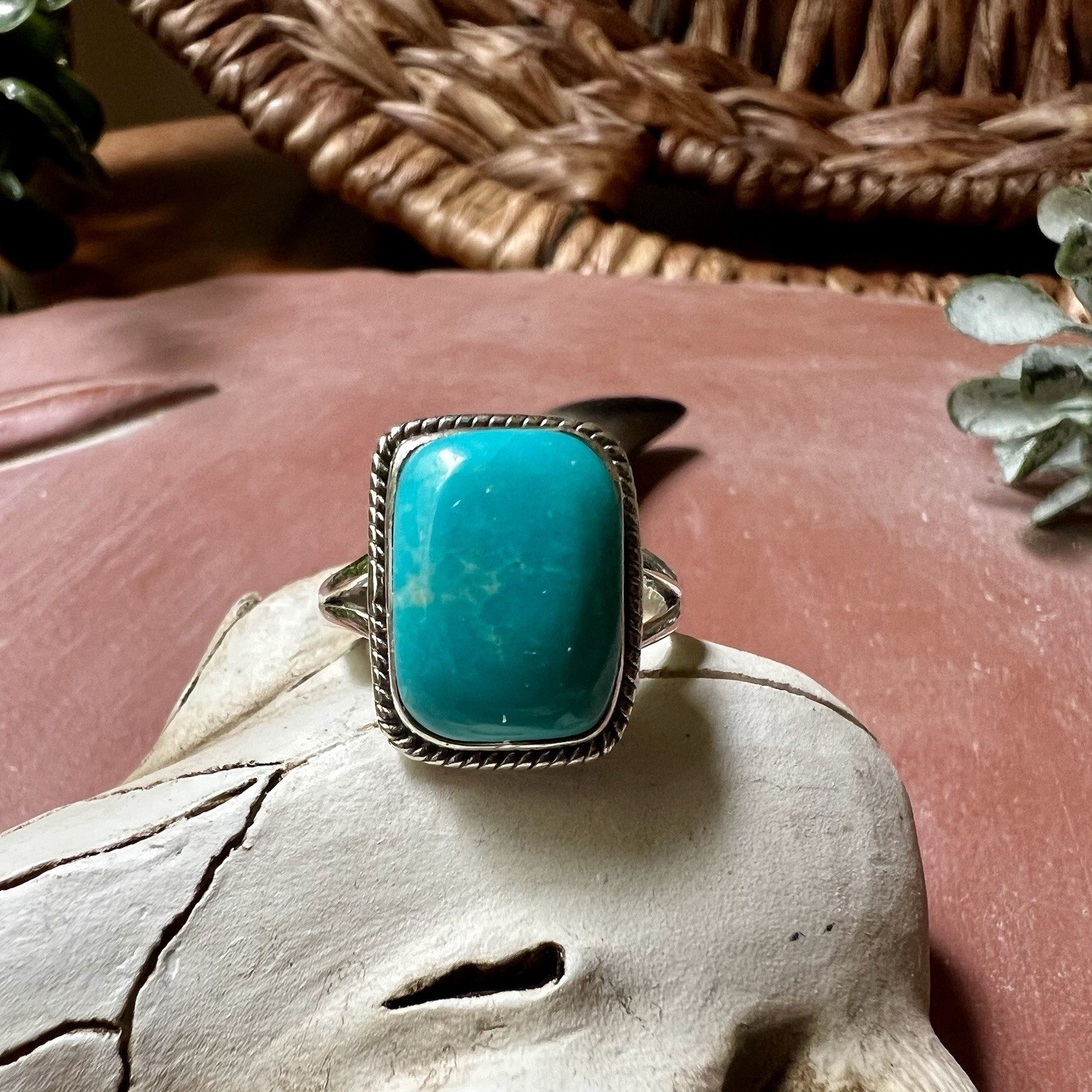 925 Sterling Kingman Turquoise Ring Size 7.25 Rectangular Cabochon