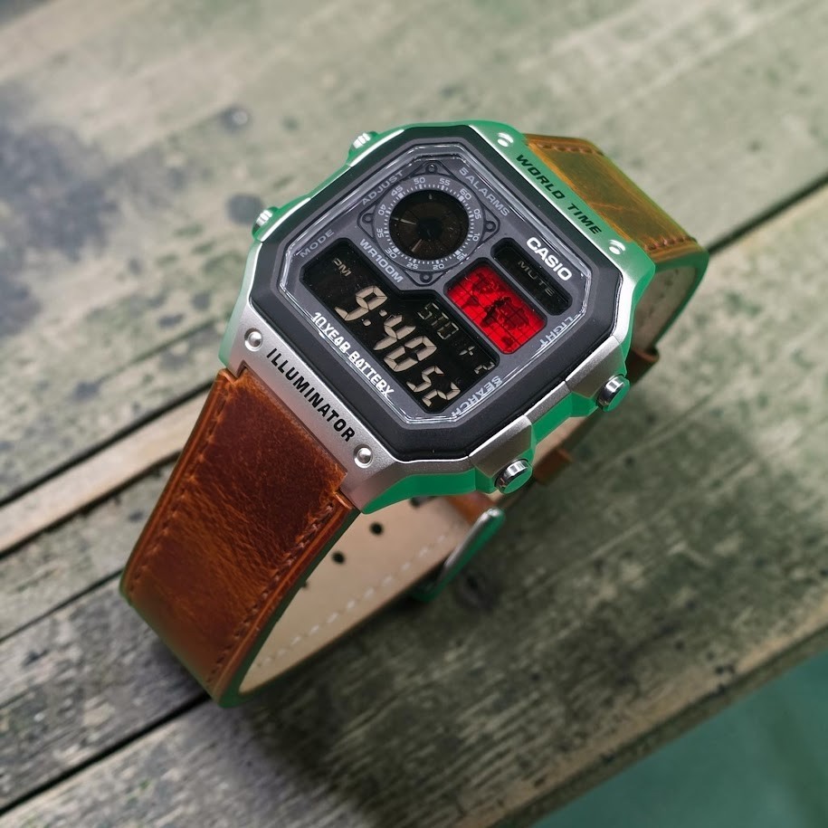 CASIO AE-1200WHD. Royale Watch Mod. Leather Band Negative Display. RED World Map