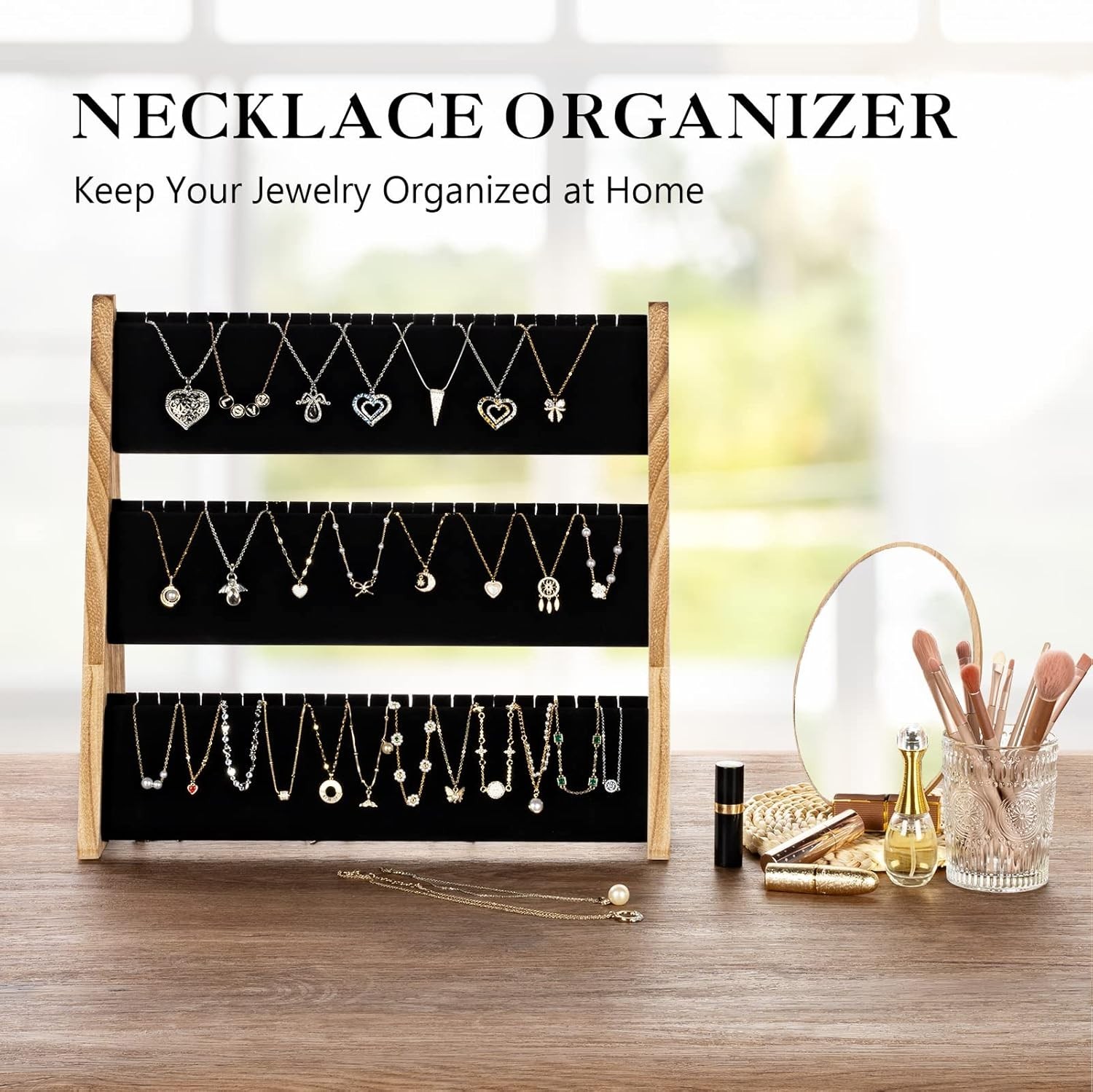 Stylish Necklace Organizer with Velvet Protection – Rustic Wood for 72 Necklaces