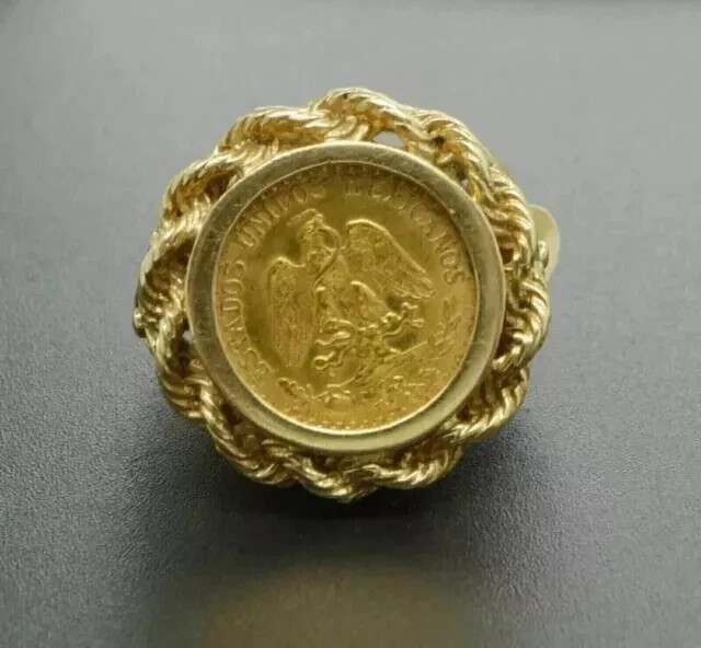Without Stone MEXICAN DOS PESOS Coin Women’s Wedding Ring 14k Yellow Gold Plated