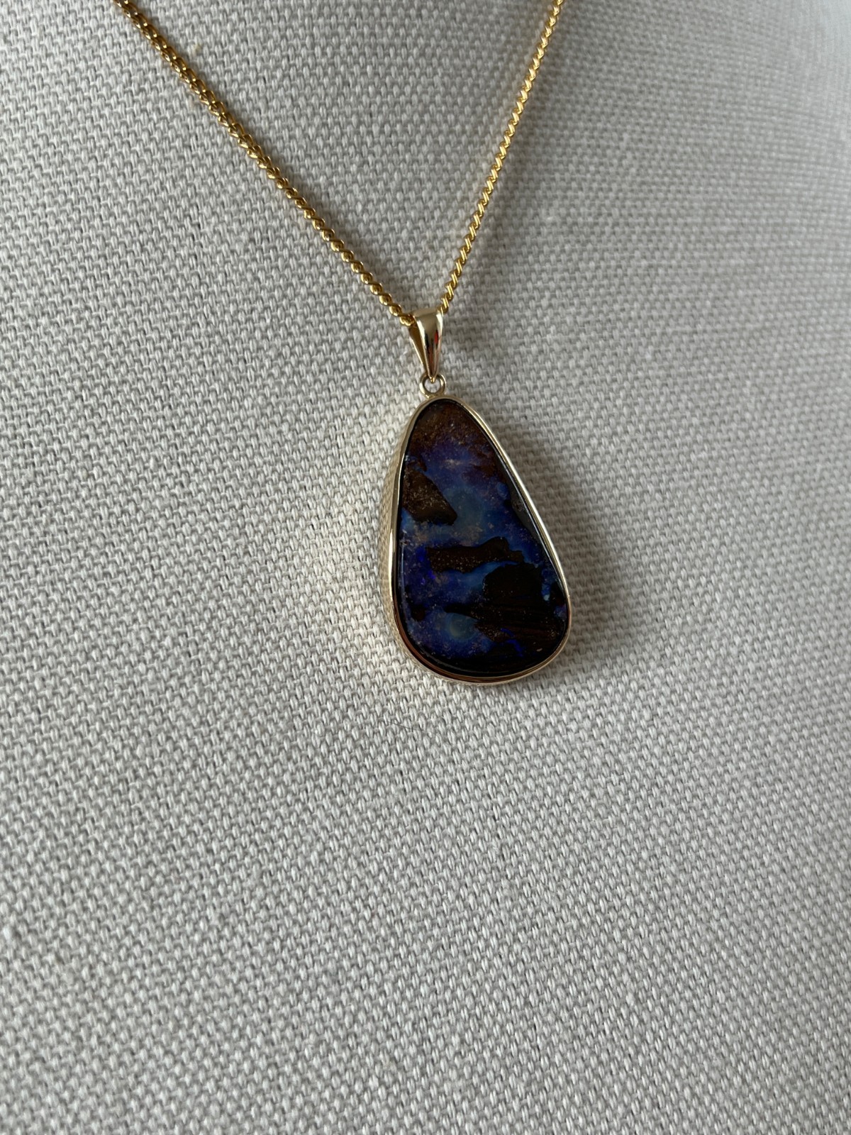 Contemporary 14 Karat Yellow Gold Freeform Oval Blue and Brown Opal Pendant