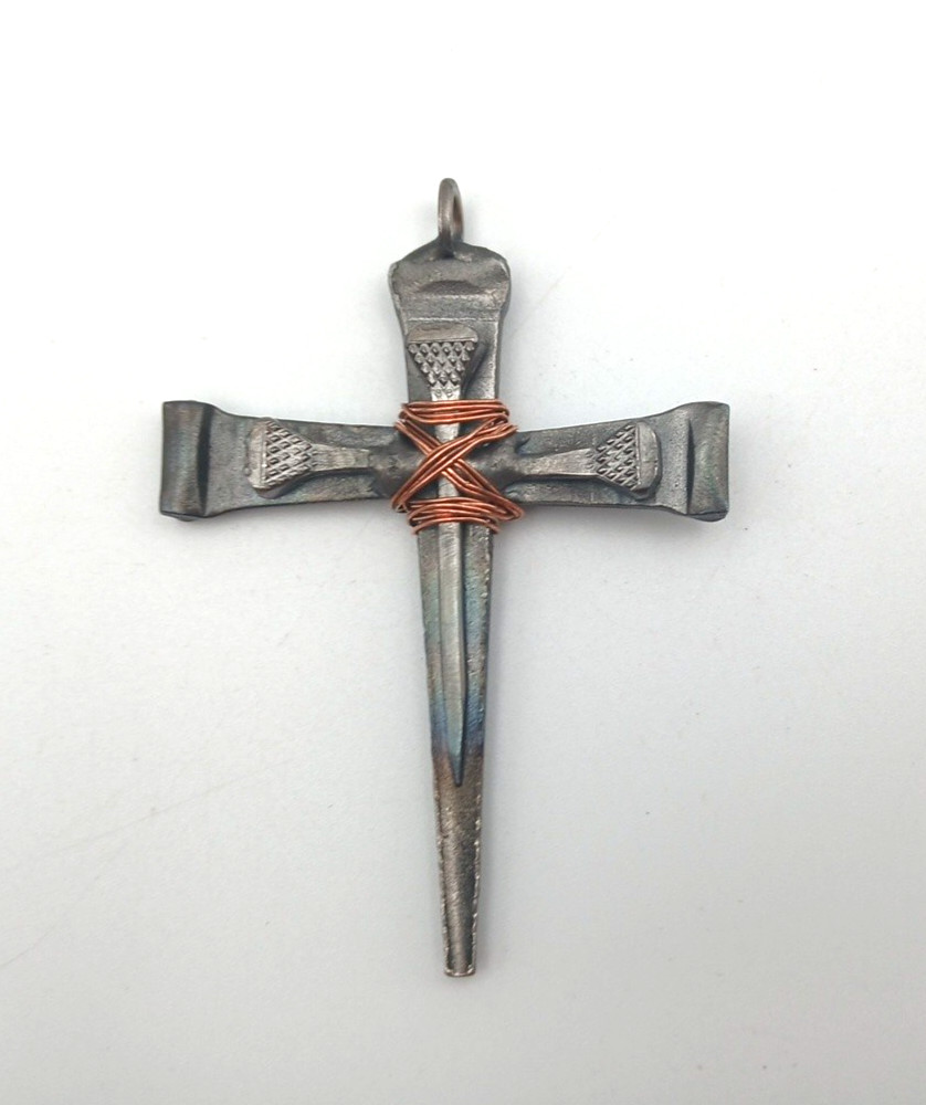 Handmade Steel Copper Cross Pendant Brutalist Rustic 3.25″