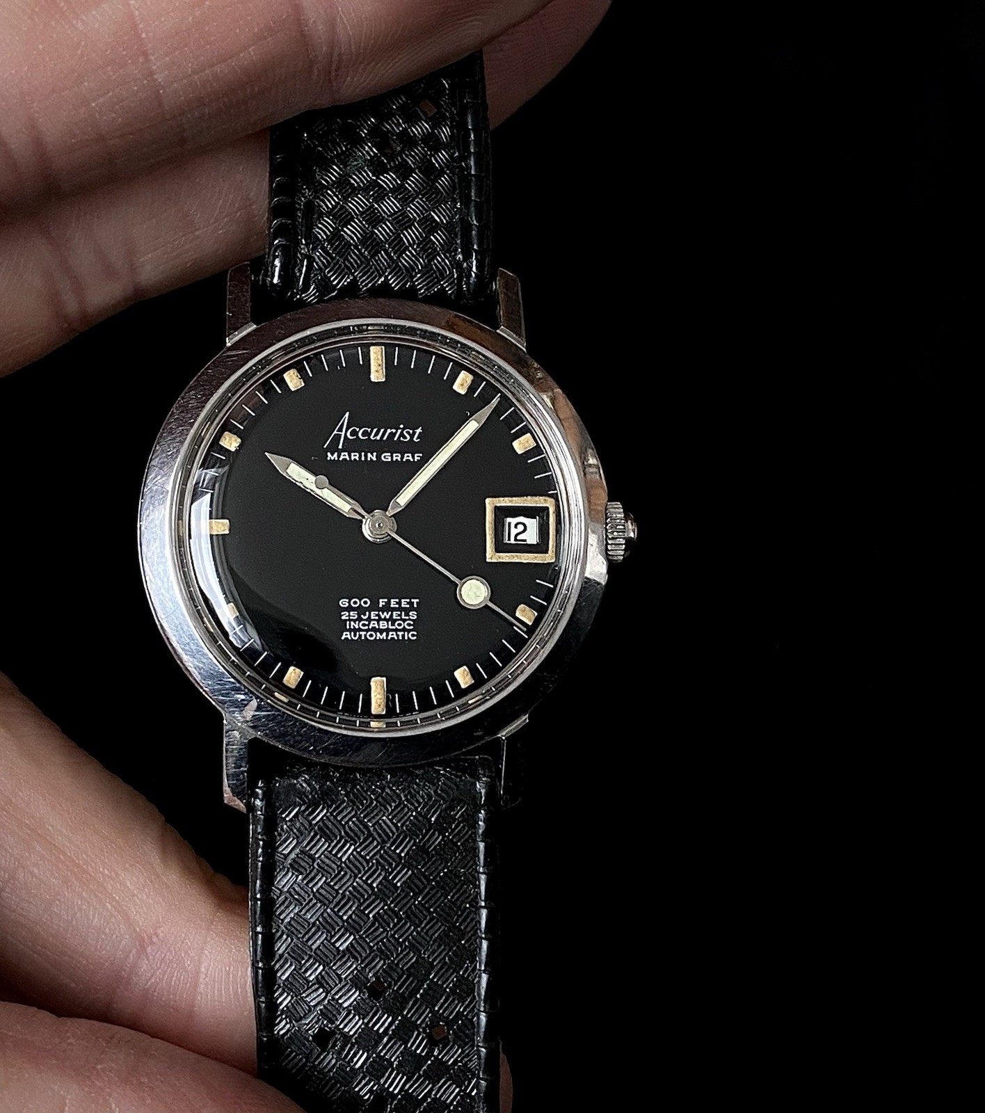 1960s Accurist Marin Graf 600 feet black dial Divers watch ETA 2452 date Tropic