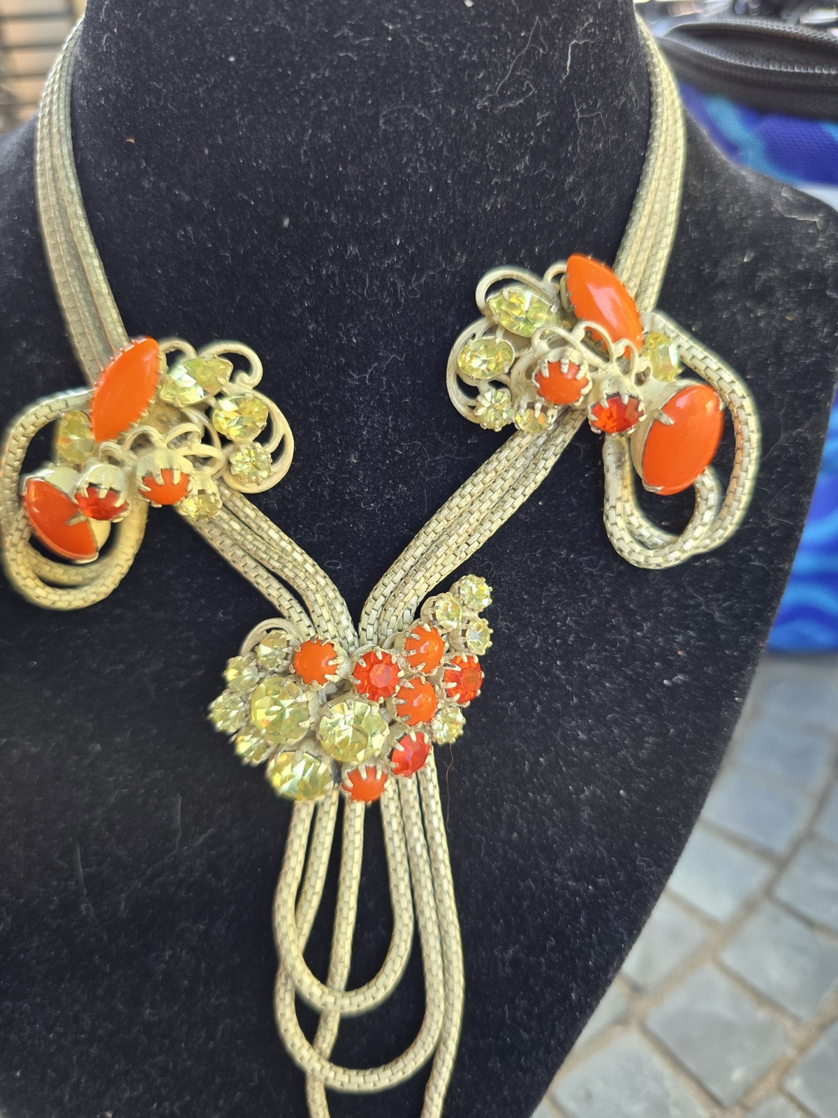 Original By Robert Necklace Clip Earrings Orange And Clear Rhinstone MCM Vintage