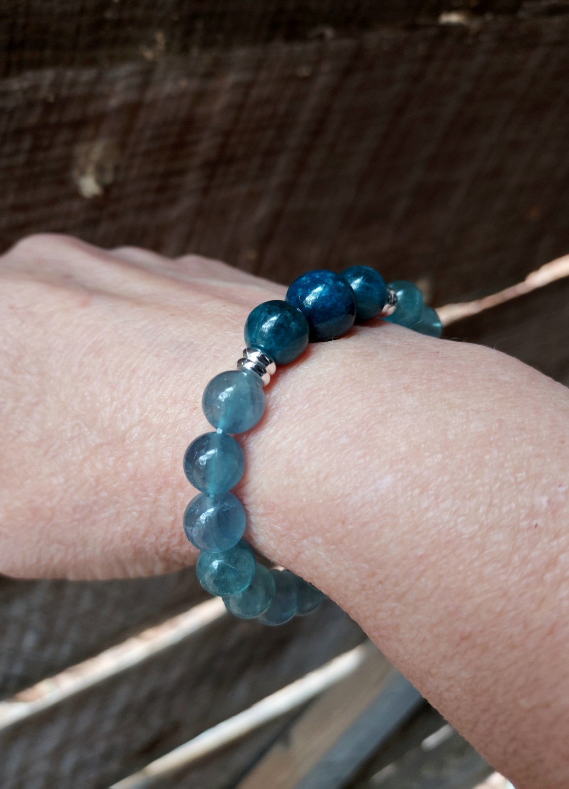 Blue Fluorite Bracelet With Blue Apatite, One Of A Kind Crystal Healing, 6.50″