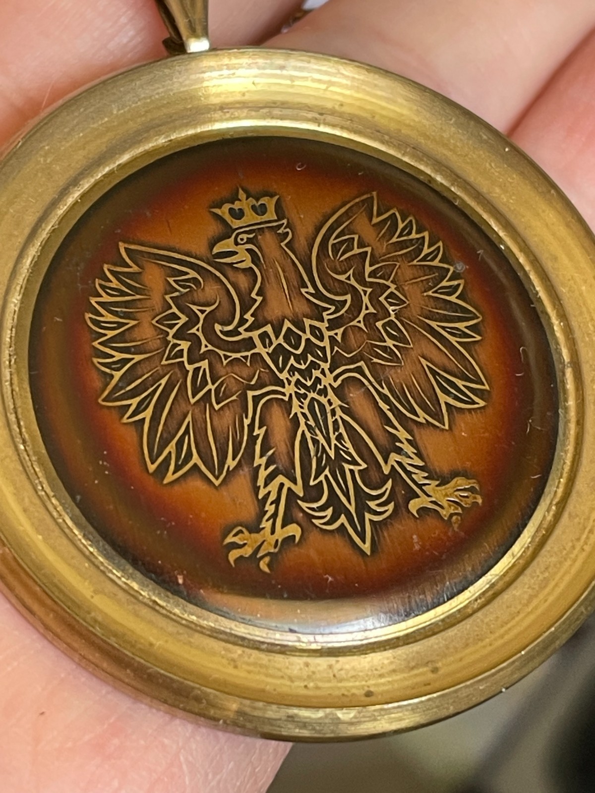 CROWNED POLISH EAGLE Vintage 1.75″ Brass Pendant on 24″ Chain Necklace, Poland