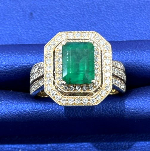 EFFY Emerald Diamond Double Halo 14k Yellow Gold Ladies Cocktail Ring