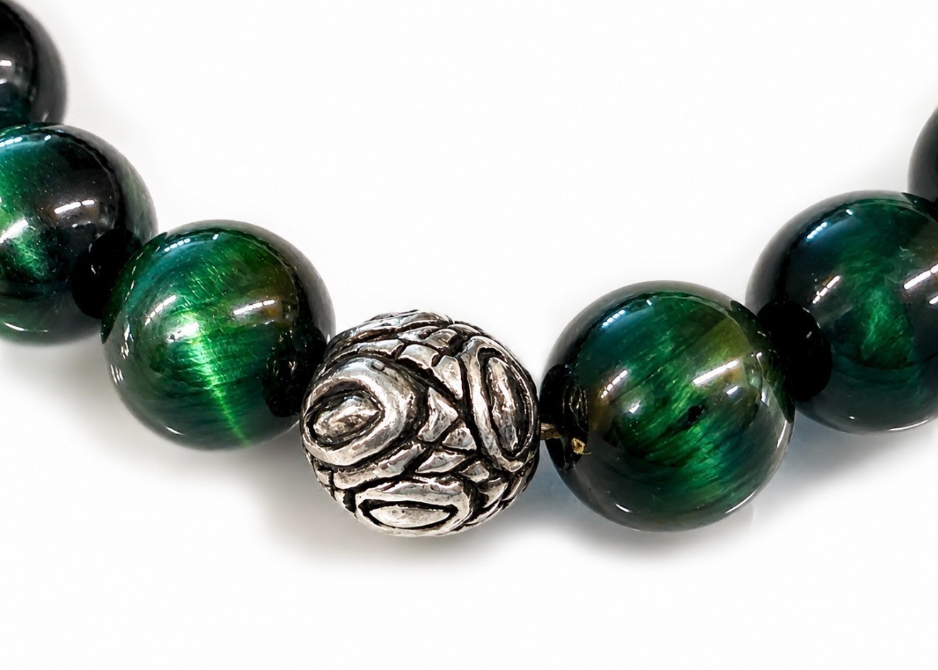 JAI John Hardy Green Tigers Eye Bead Croco Toggle Bracelet 925, 6.25 wrist, 8mm