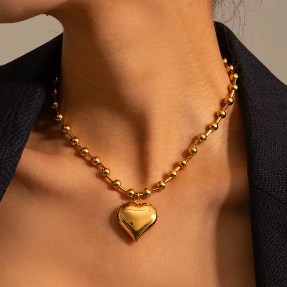 Stainless Steel Heart Necklaces for Women 6Mm Gold/Silver Color Metal Ball Bead