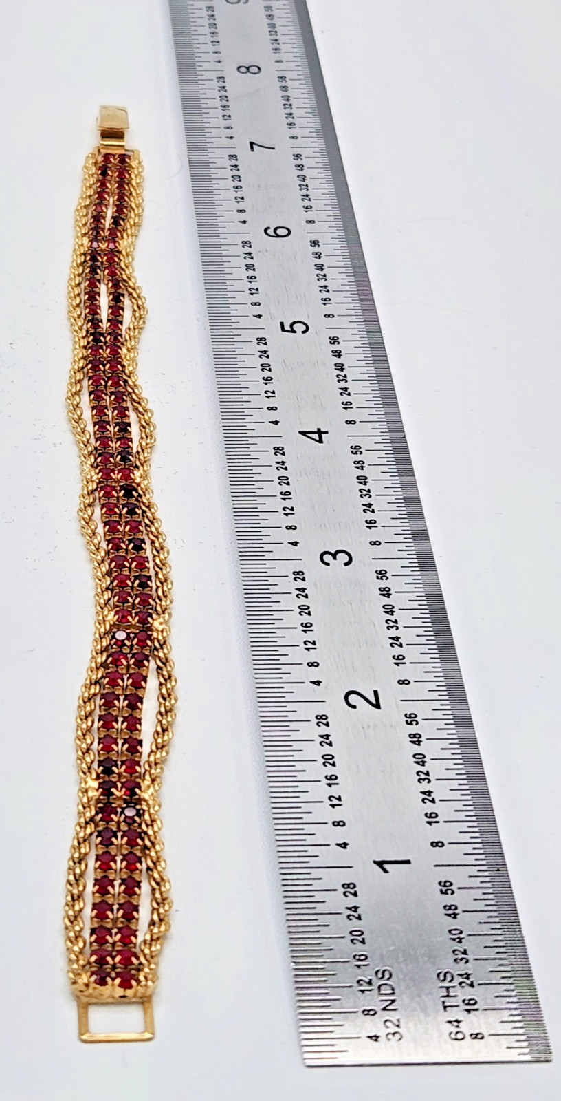 Vintage Gold Tone Red Rhinestone Wide Gate Link Bracelet 7.25″