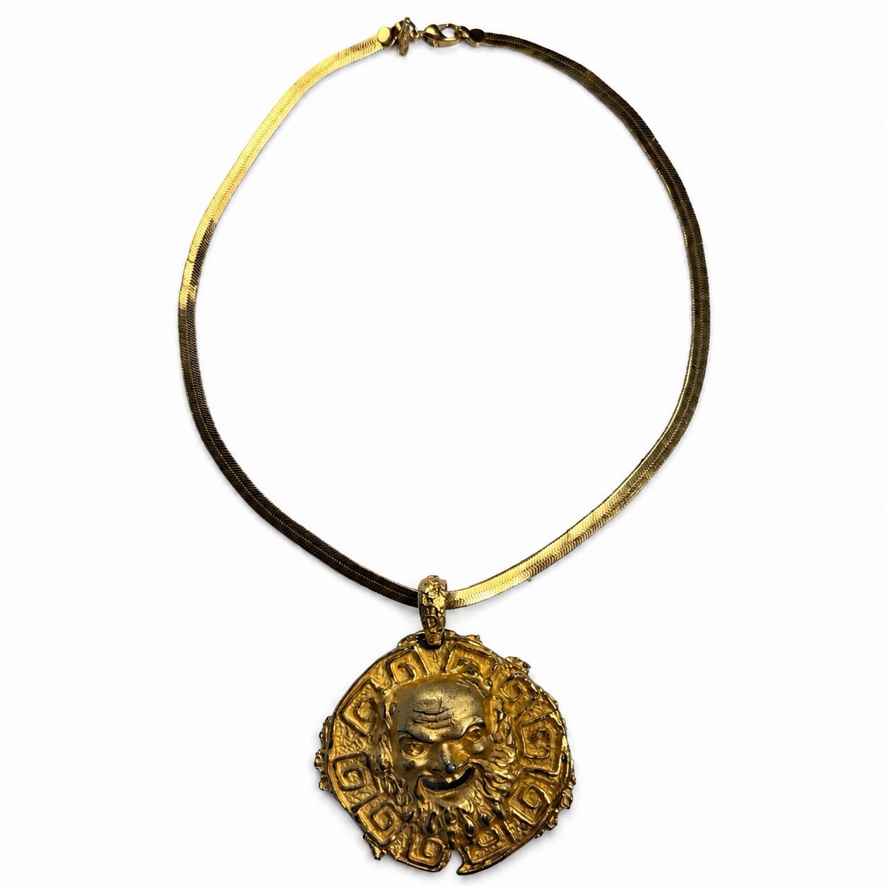 Vintage Capri Mythological Face Medallion Napier Chain Statement Necklace 17”