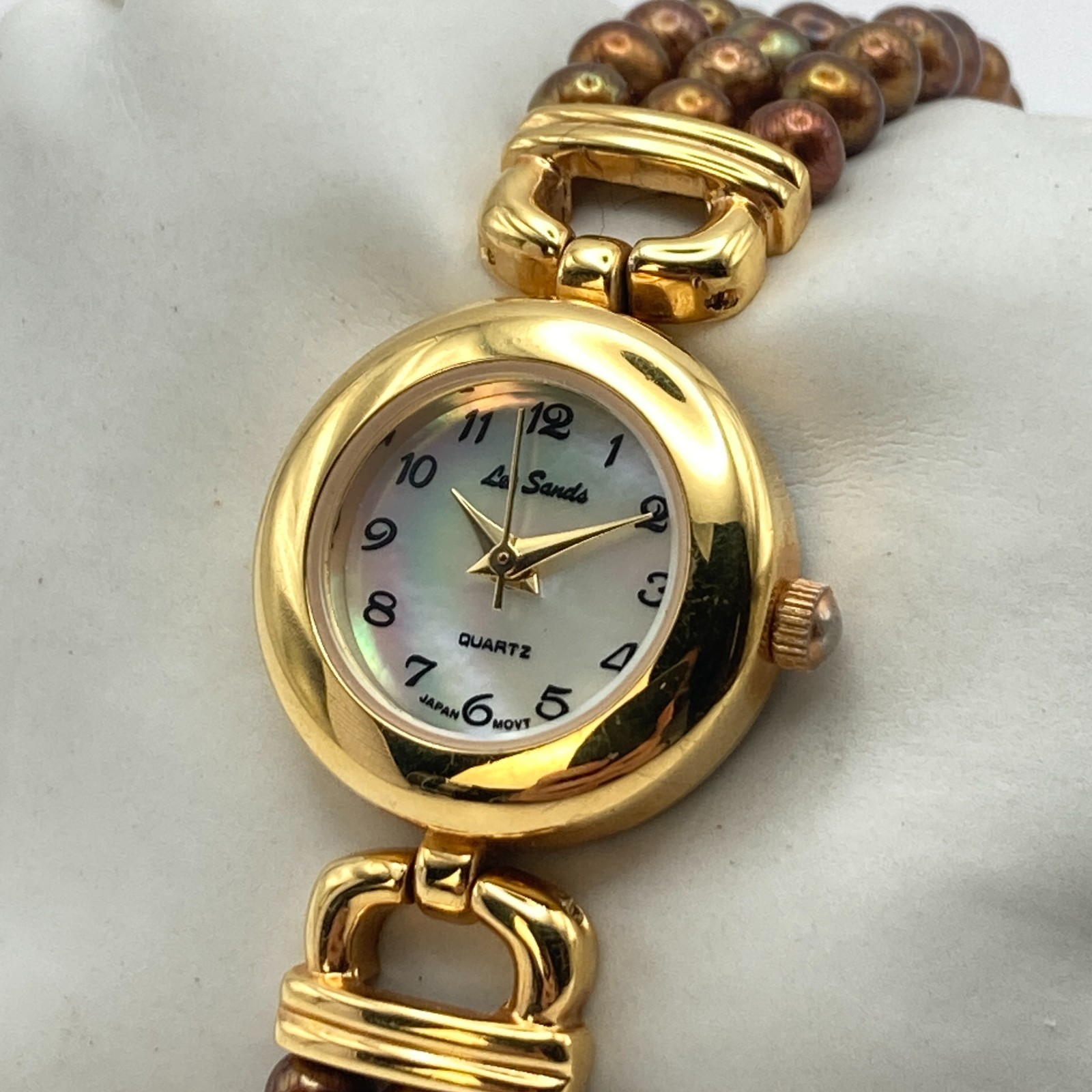 Lee Sands Women’s Watch 22mm Gold Tone MOP Dial Brown Beads New Battery 7″