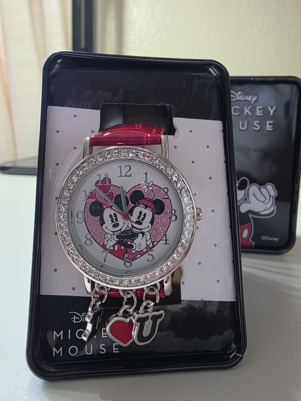 Disney Minnie & Mickey Mouse Women’s Quartz Watch Red Leather Strap with charms.