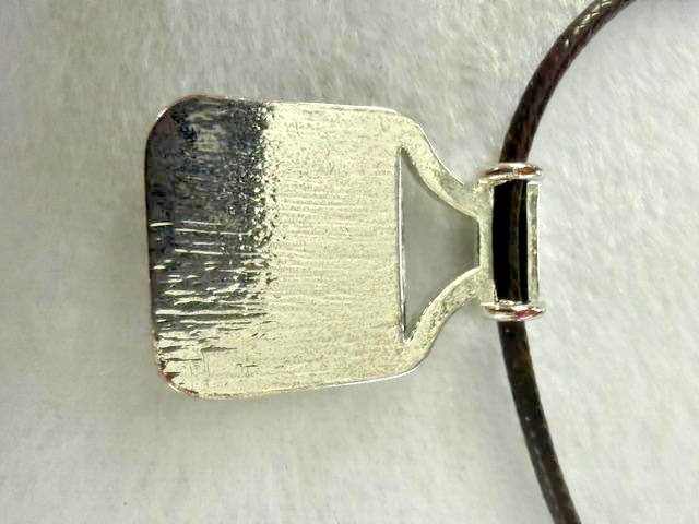 Artisan Art Glass Pendant Necklace 18″ Brown Leather Cord Silver Tone Gold glass