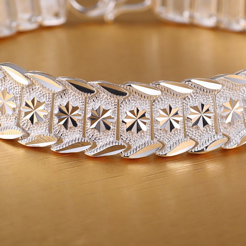 Pure 990 Fine Silver Bracelet Women Men 13mm Full Star Wider Link 7inch-8inch