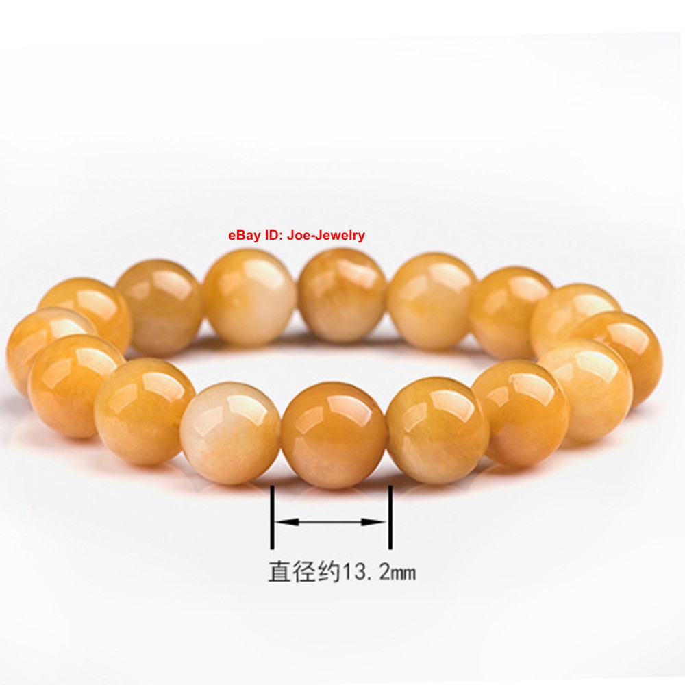 1pcs NEW Natural Grade A Jade 13mm Yellow Chinese Jade Stretch Bracelet 16-18cm