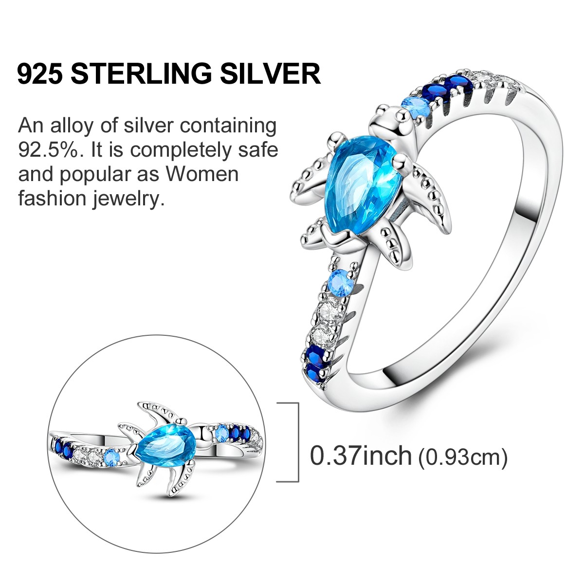 LAZA Original 925 Sterling Silver Ring Blue CZ Turtle Roaming for Women Jewelry
