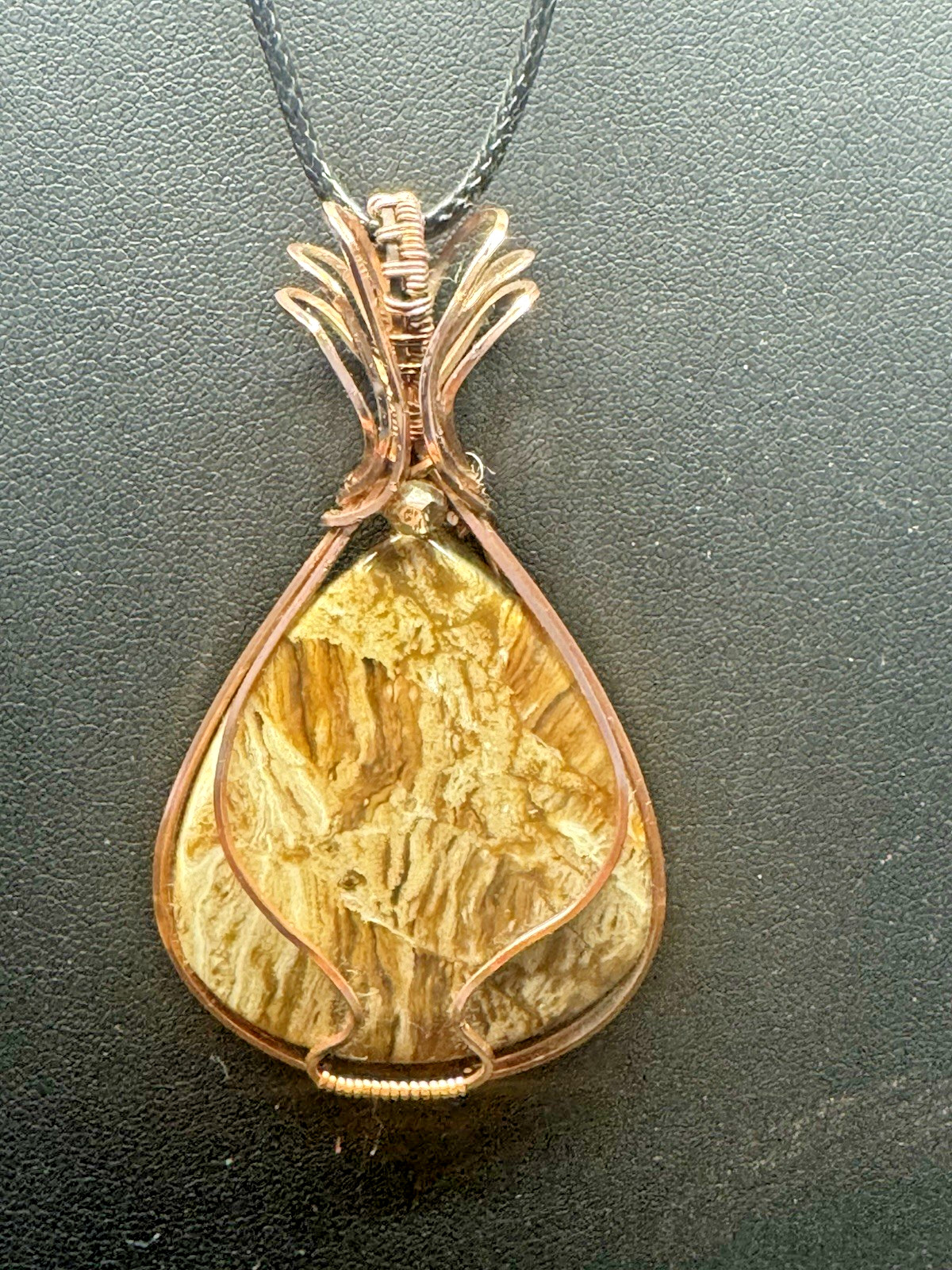 Copper Wire Wrapped Brown Natural Stone Charm Pendant Necklace on Cord, Handmade