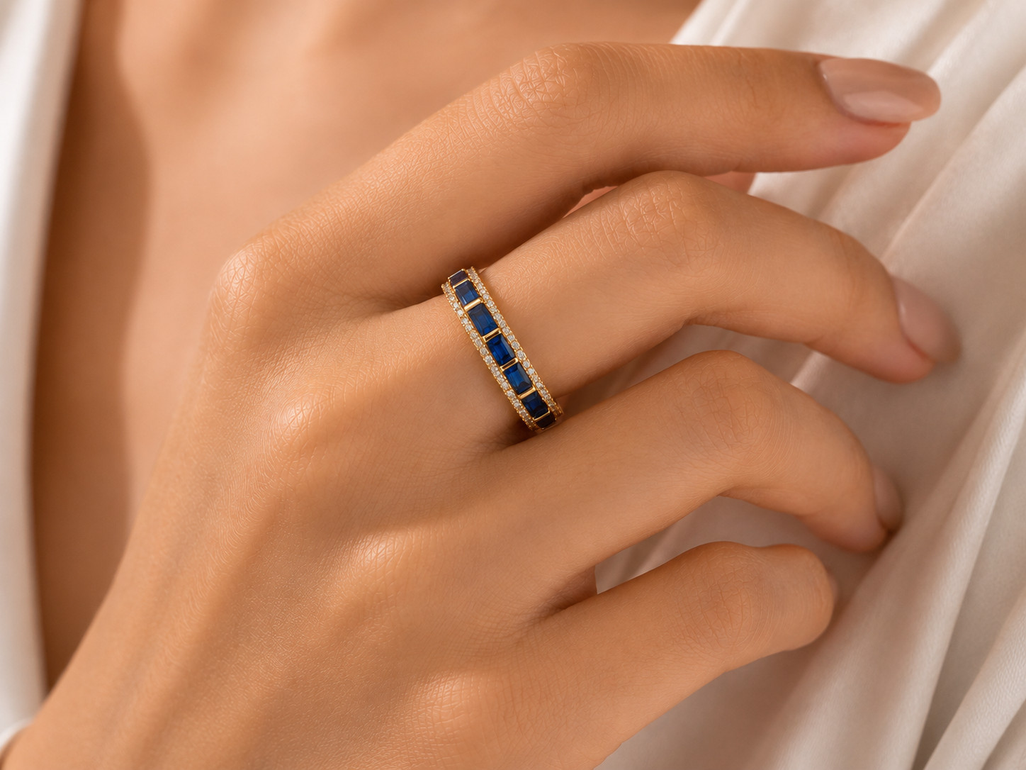 Blue Sapphire & Moissanite Eternity Band 14K Gold Baguette September Birthstone