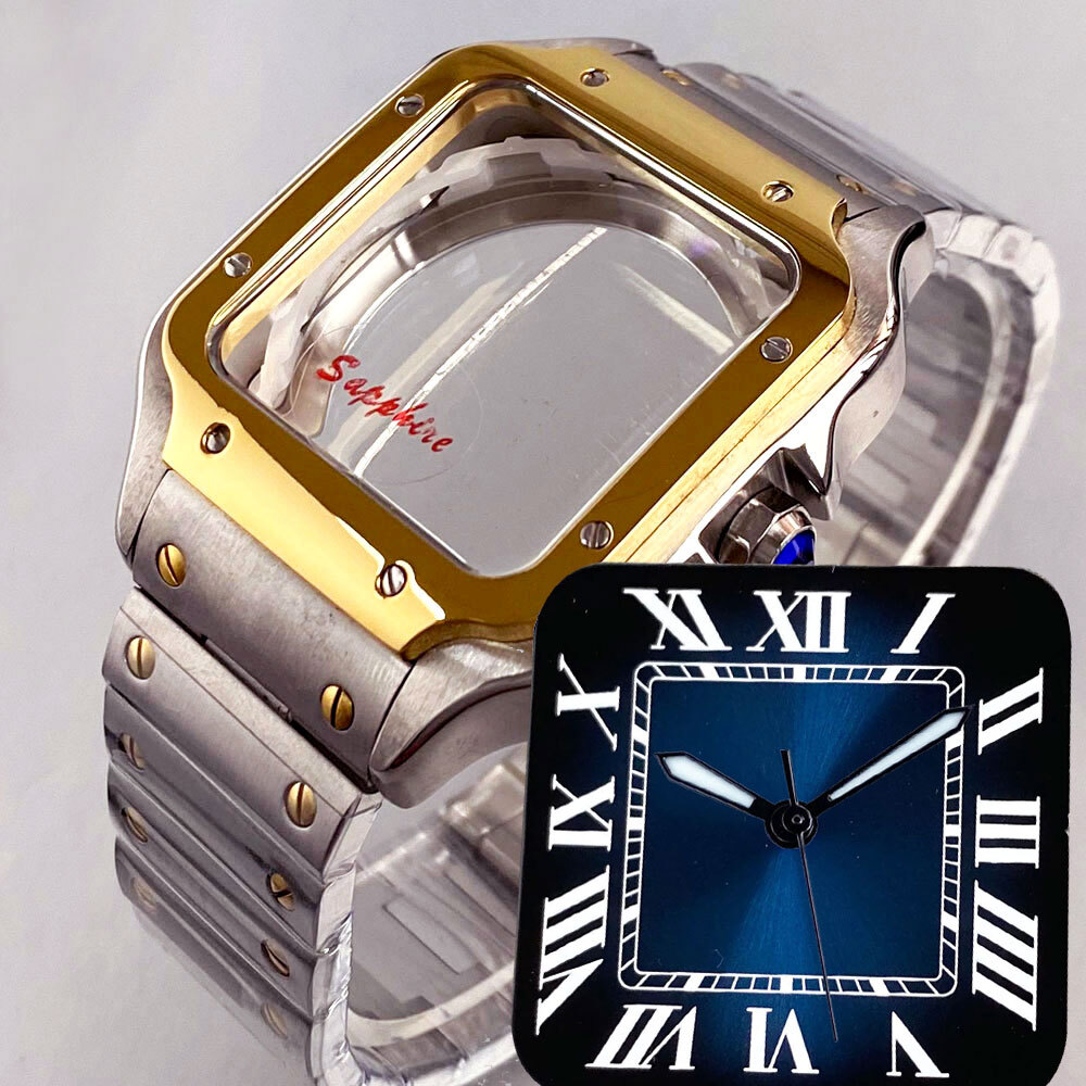 42mm Silver Gold Square Watch Case 27mm Dial White Blue Black fit NH35 NH36 NH38
