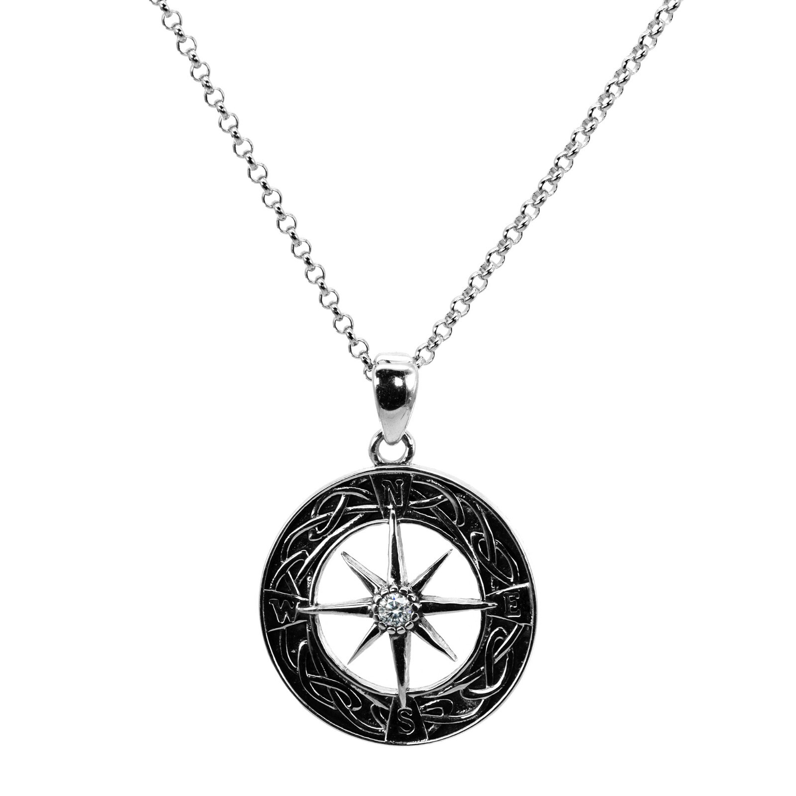 Runde Rolo Kette Halskette Anhänger Kompass Zirkon 925 Sterling Silber Dam/Herr